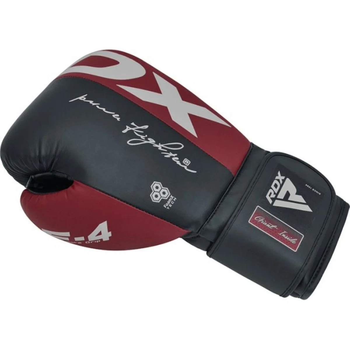 A red and black boxing glove with white text and red accents, against a white background.