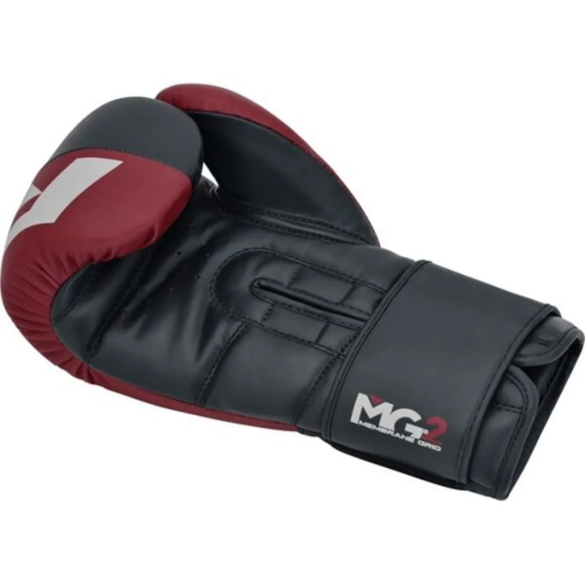 A maroon and black boxing glove with white accents and a logo.