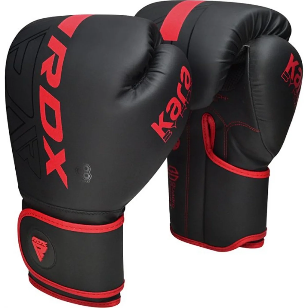 A pair of black boxing gloves with red accents, the brand is RDX.