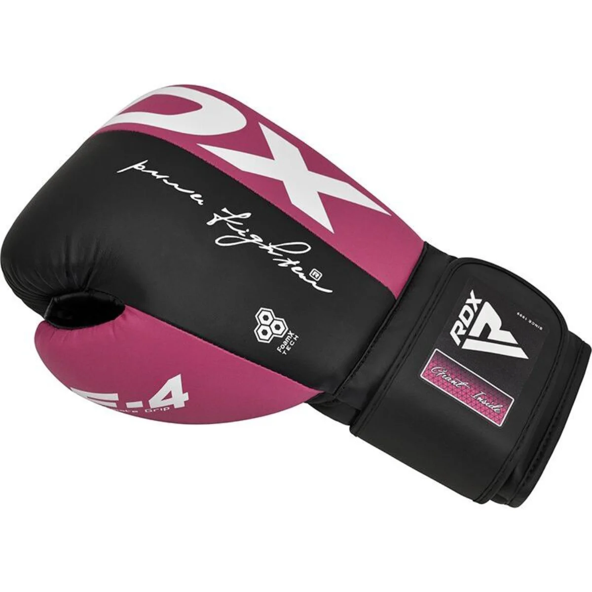 A boxing glove, black and pink, has white writing and a logo. The background is plain white.