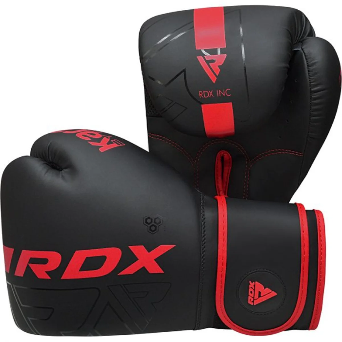 Two black boxing gloves, with red accents and a red logo on the side.