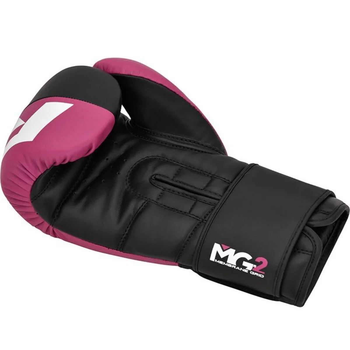 A black and maroon boxing glove with white accents and text, against a white background.