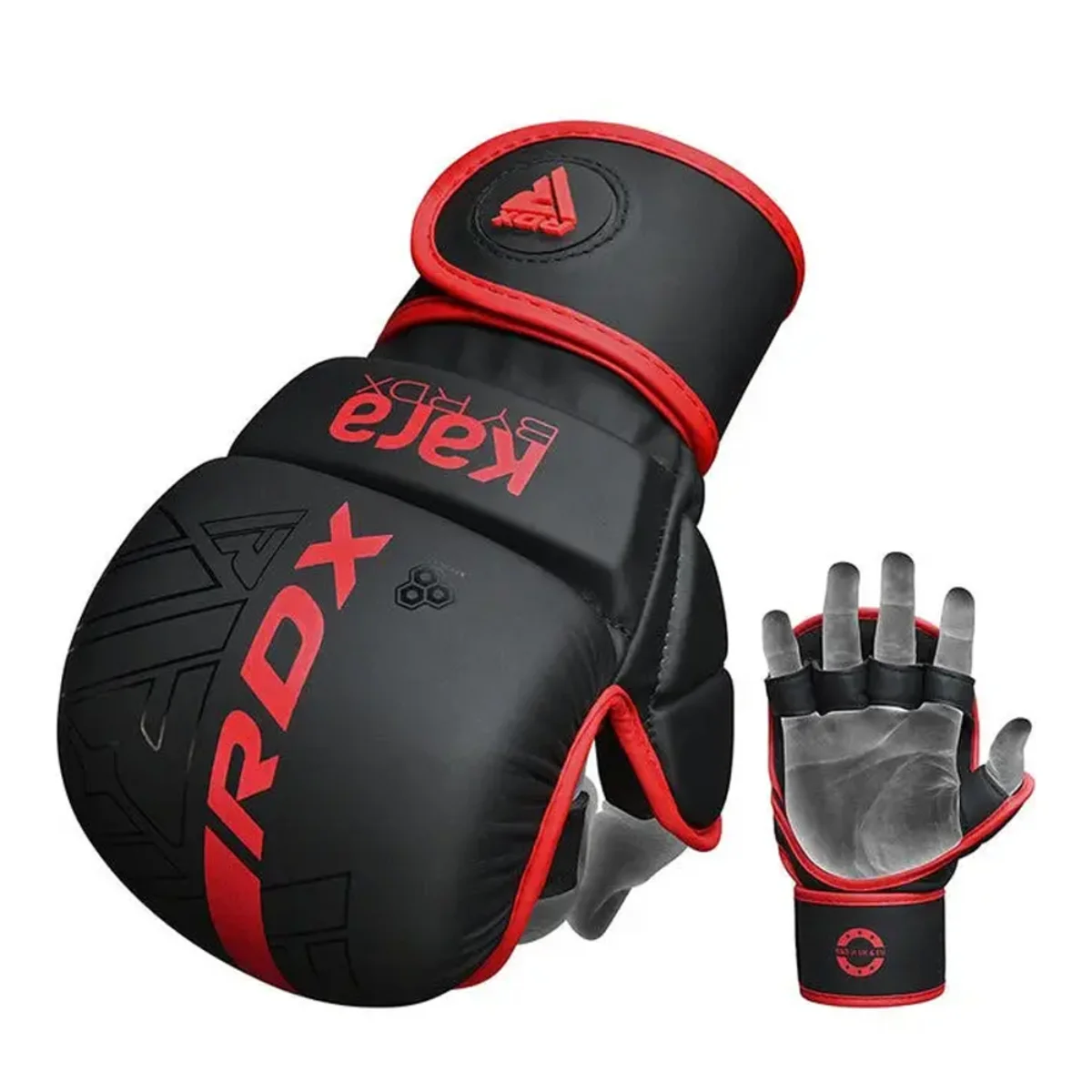 Gant de MMA noir et rouge avec logo RDX et un gant sans doigts.