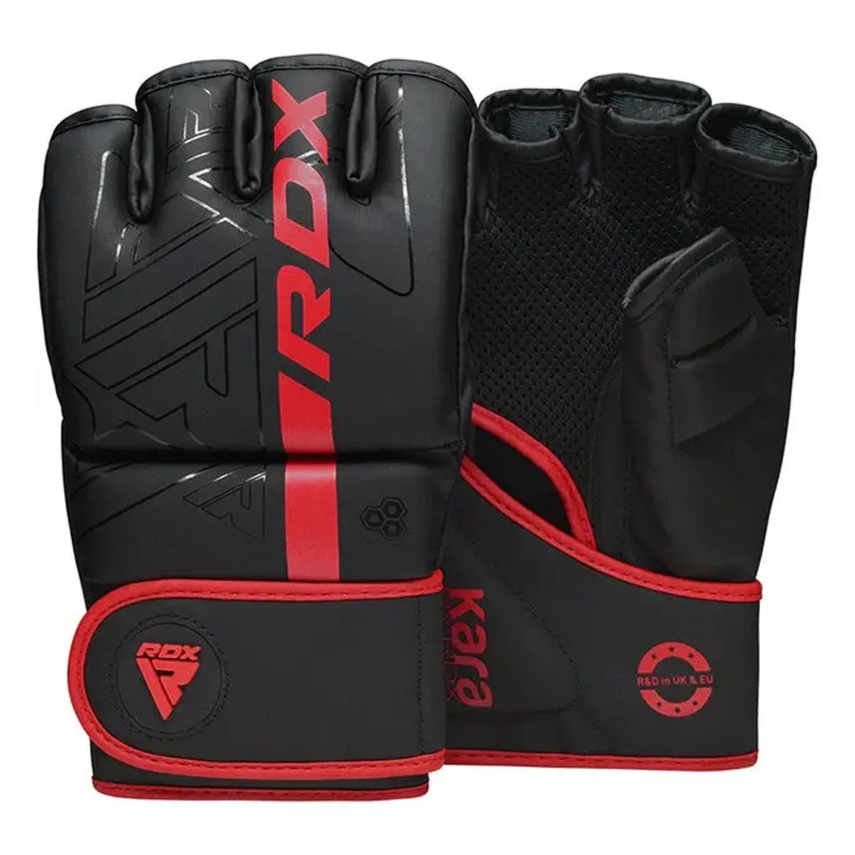 Black and red MMA gloves, RDX brand, on white background.