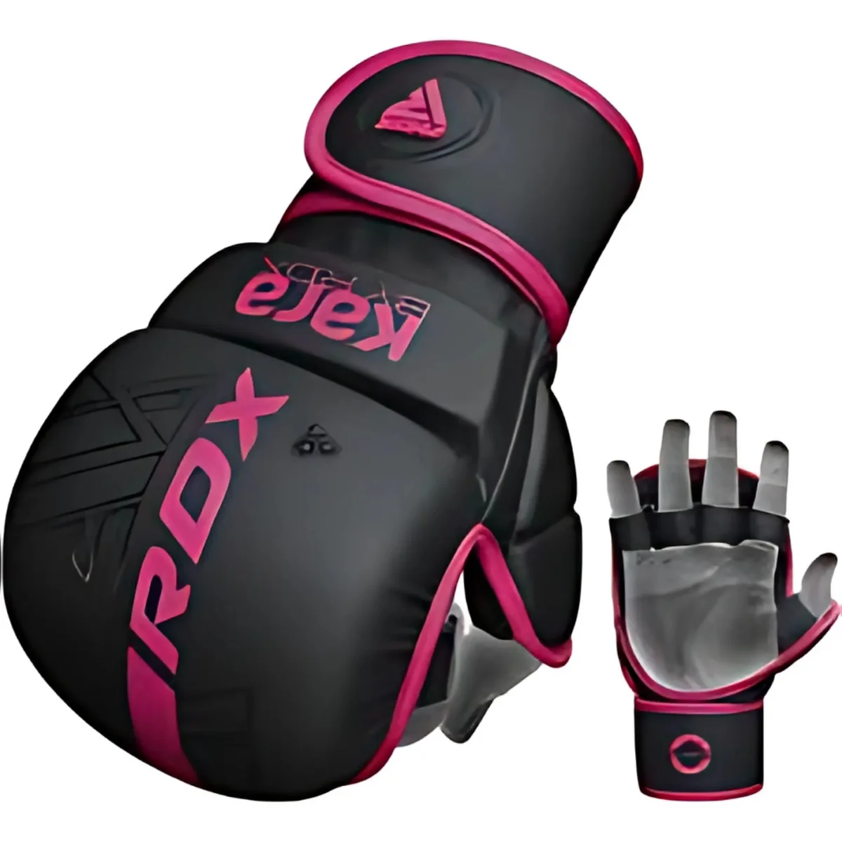 A black and pink boxing glove and a black and pink hand protector.