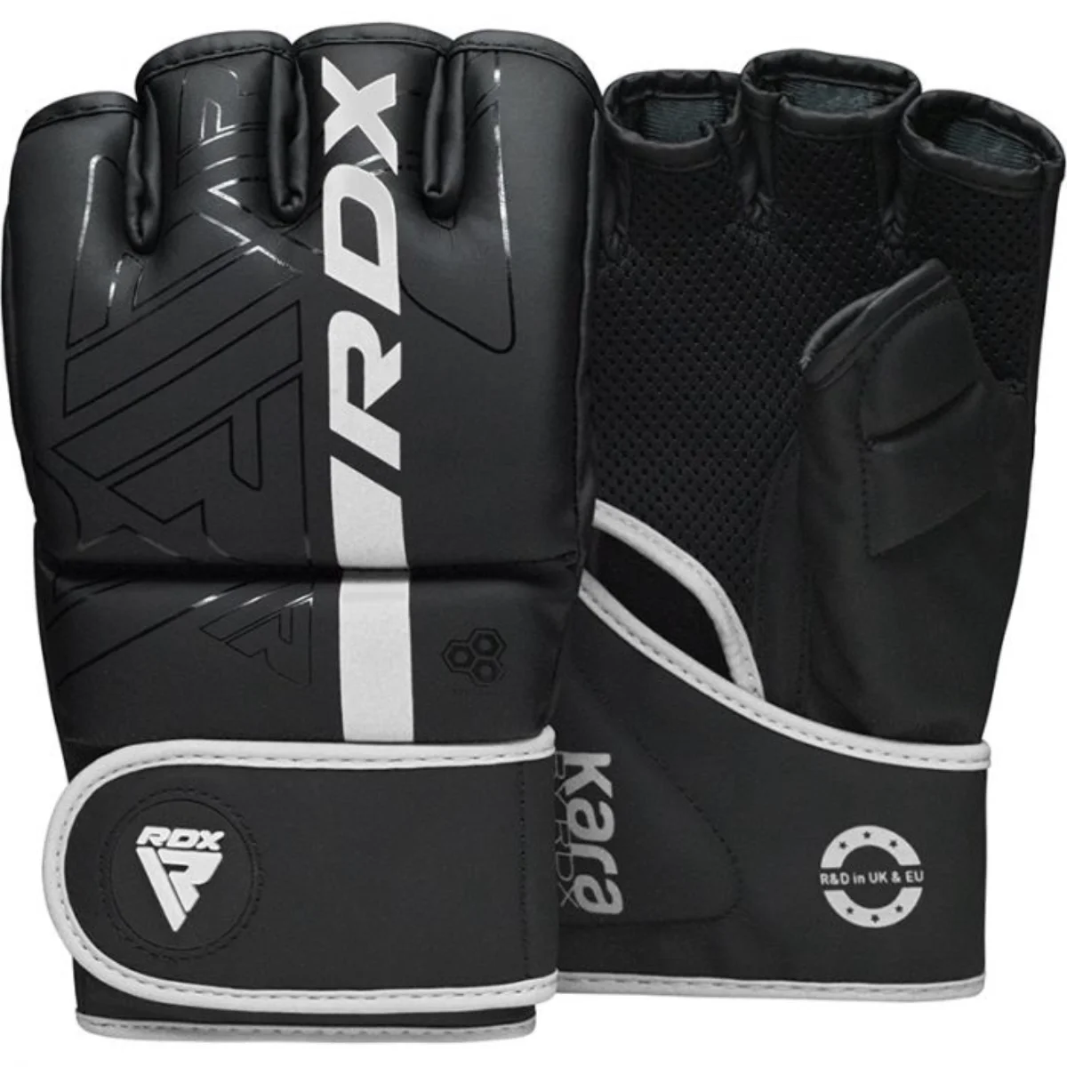 Pair of black MMA gloves. White accents and text. Black wrist straps.