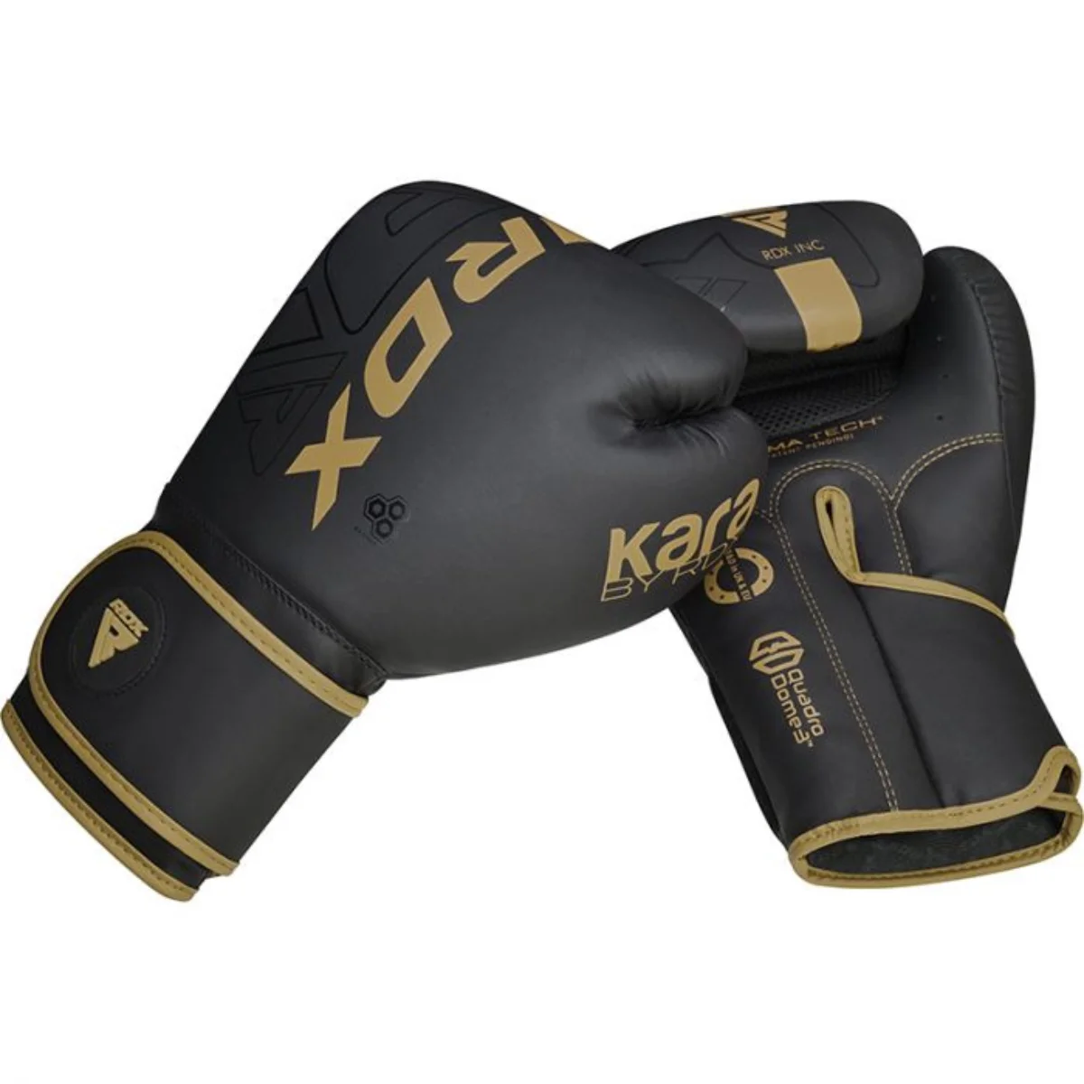 Two black and gold boxing gloves with text and accents, against a white background.