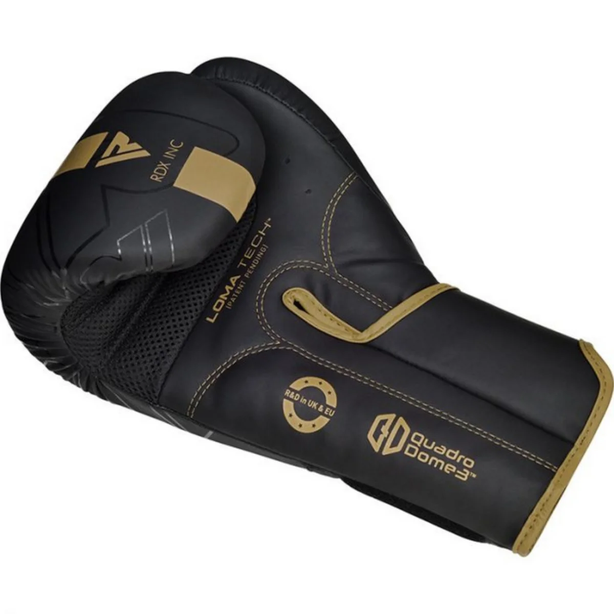 Black and gold boxing glove. The glove has logos and text on it, set against a white background.