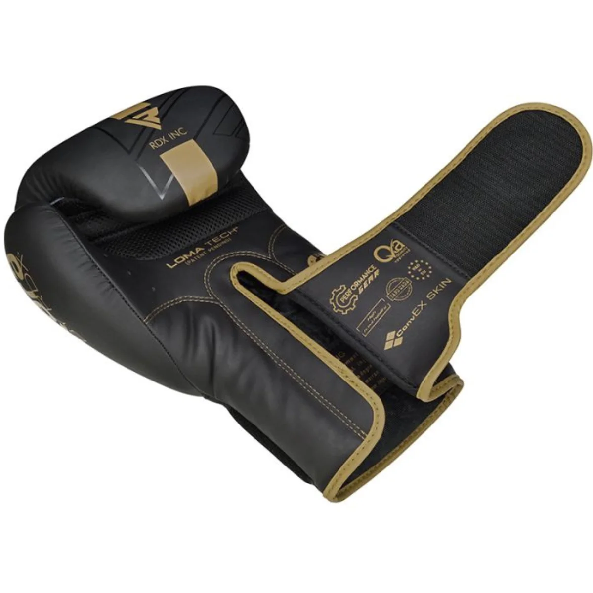 Black and gold boxing glove with brand name and logo visible.