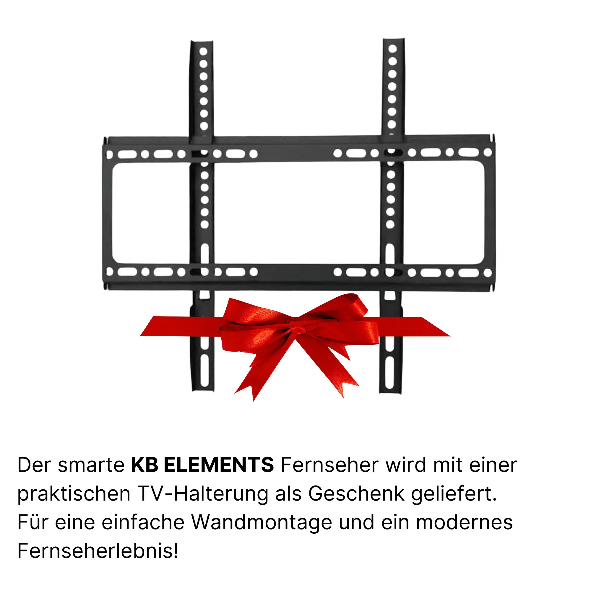 Schwarze TV-Halterung mit roter Schleife, weißer Hintergrund mit Text.