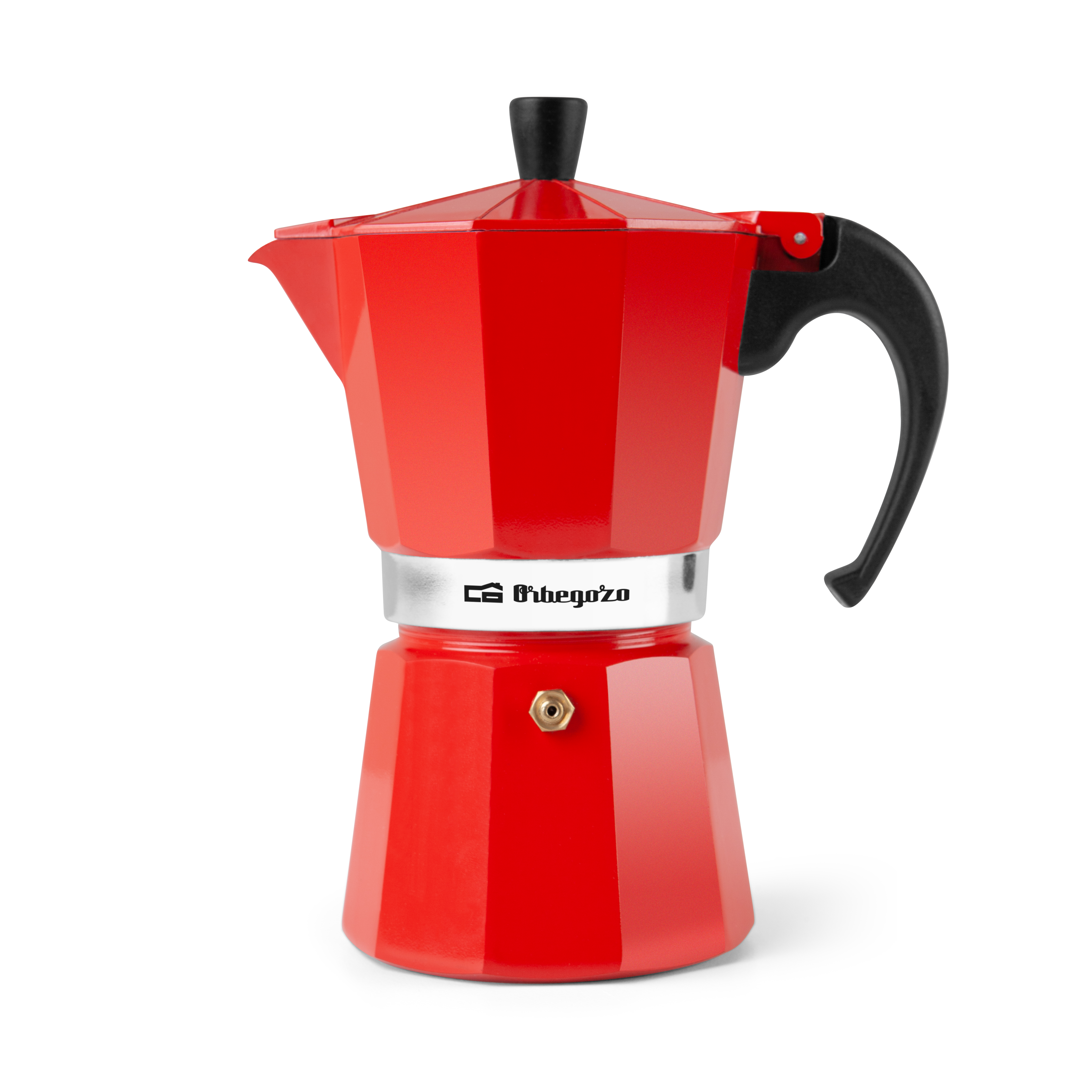 Czerwony ekspres do kawy z czarnym uchwytem i pokrywką. Podstawa jest biała.