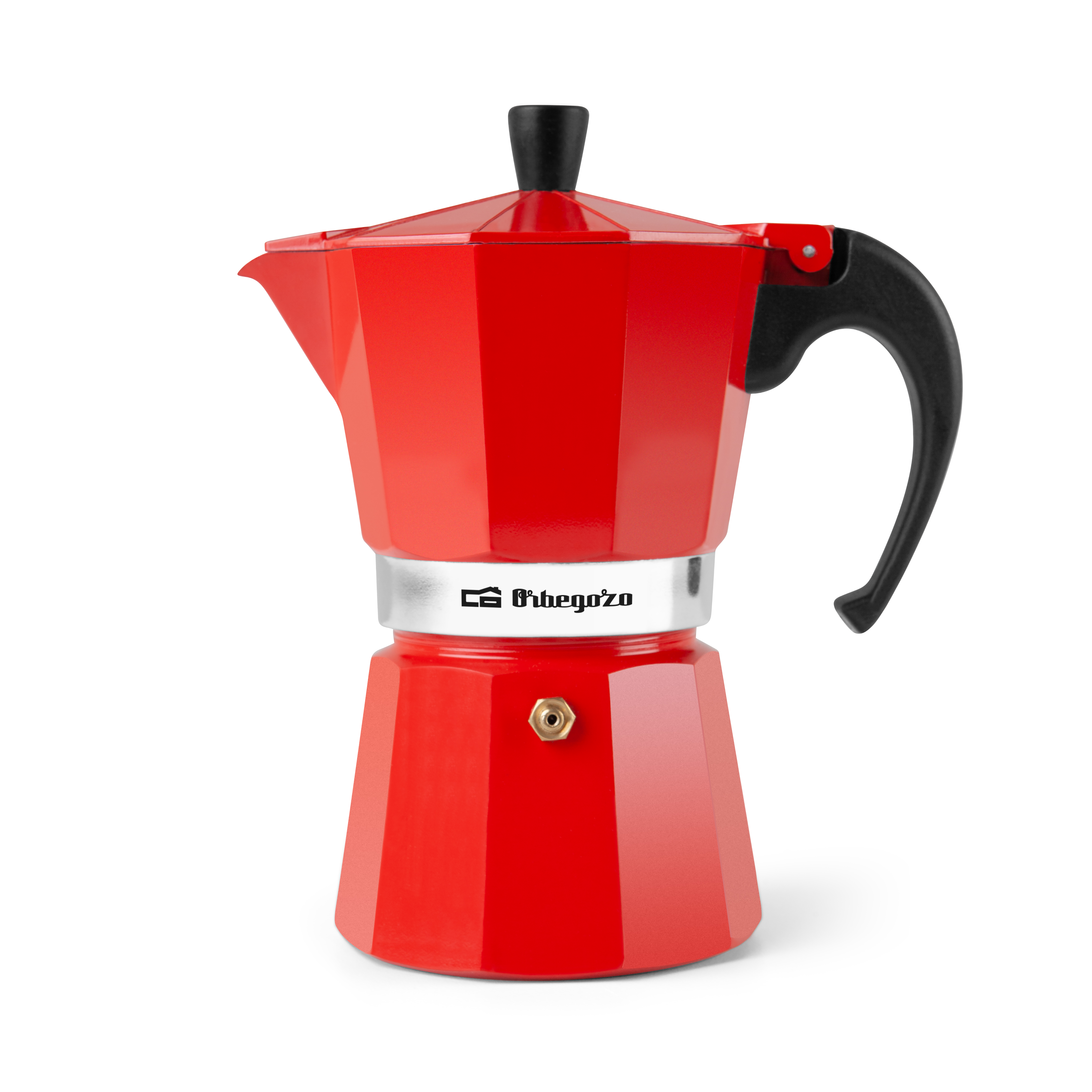 Czerwony kawiarka Bialetti. Ma czarny uchwyt i gałkę pokrywy na białym tle.