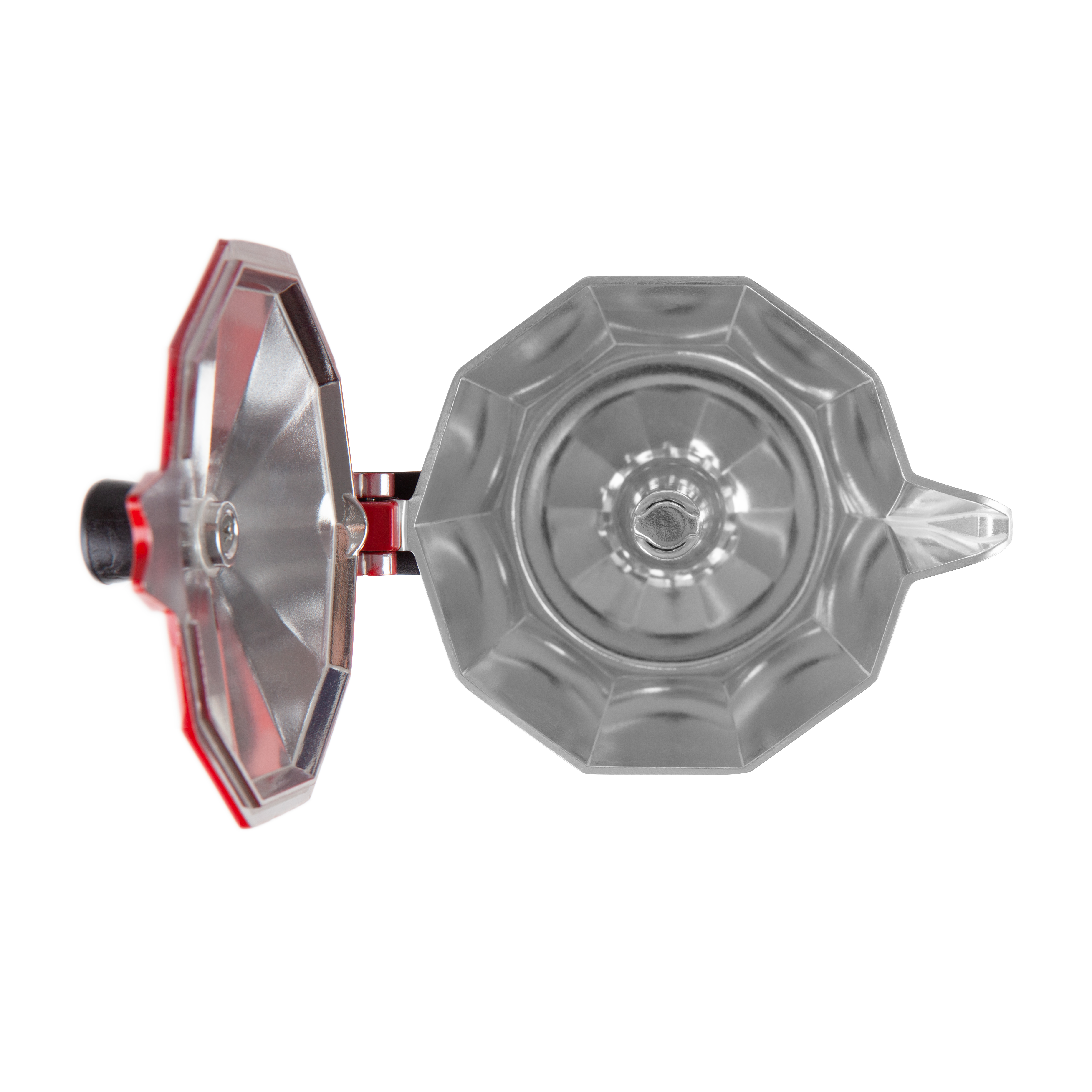 Otwarty, srebrno-czerwony ekspres do kawy, widok z góry. Pokrywa otwarta na bok.