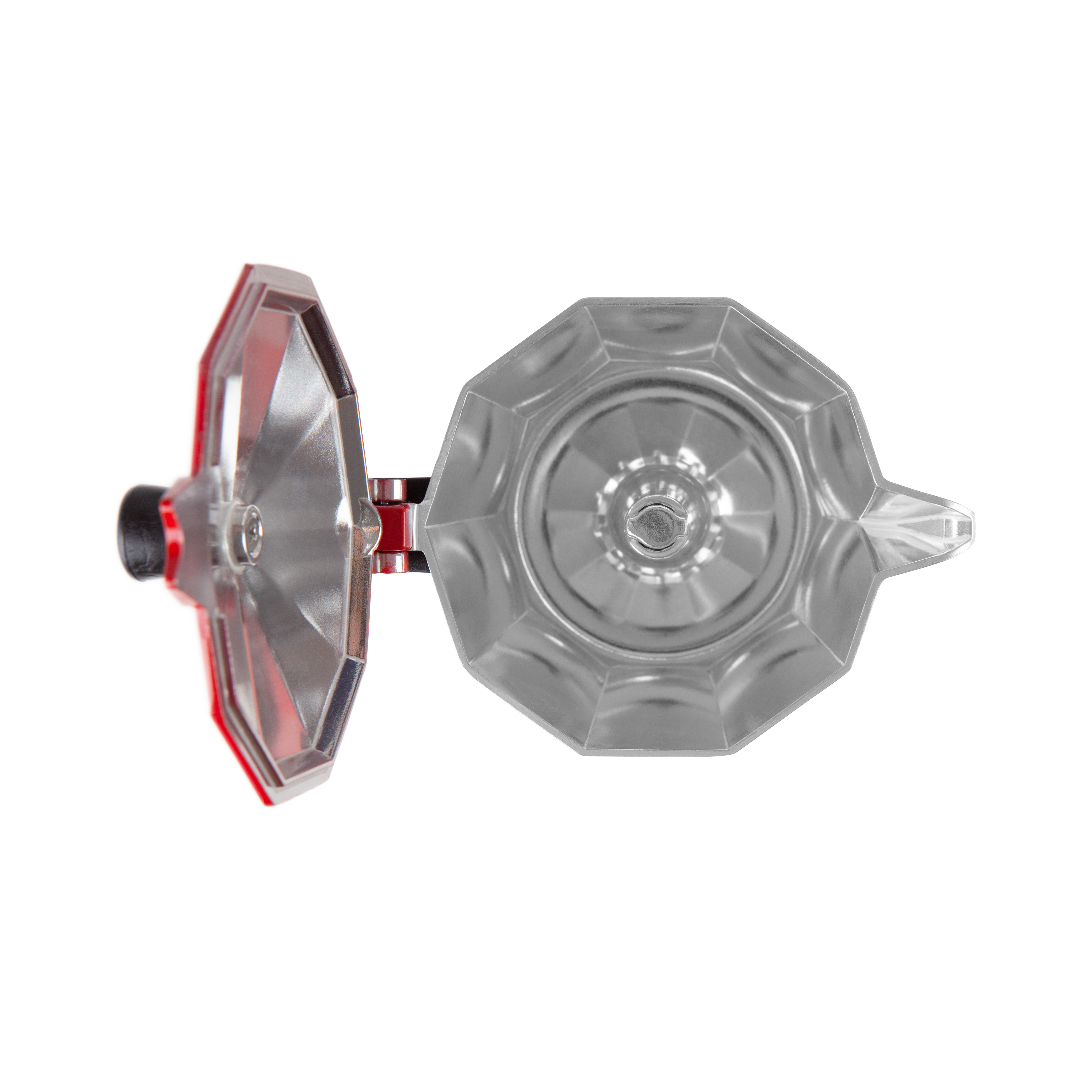 Widok z góry na czerwoną i srebrną kawiarkę. Pokrywa jest otwarta.