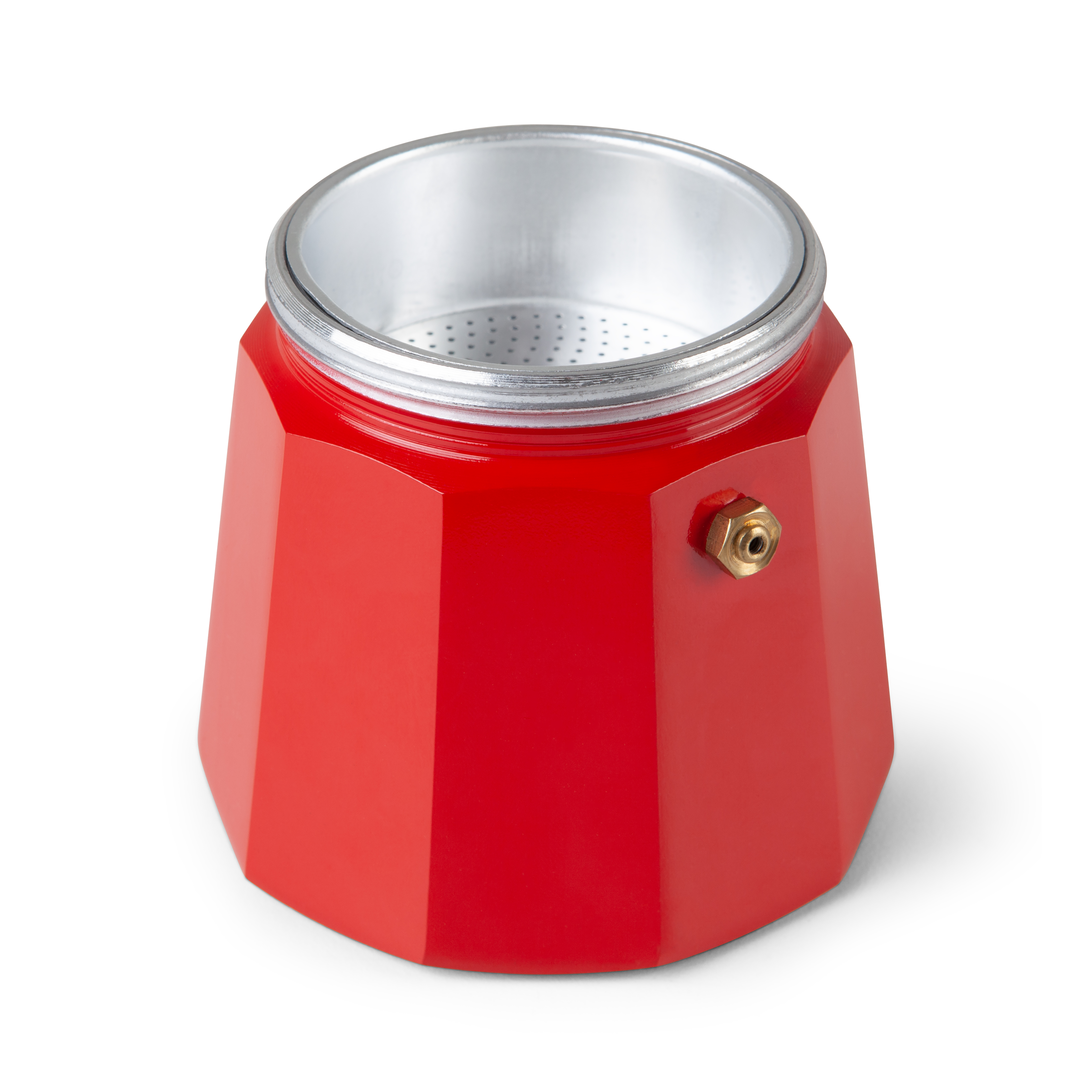 Czerwony kawiarka, zdemontowana. Widoczna górna część, ze srebrnym wnętrzem, i dolna część. Białe tło.