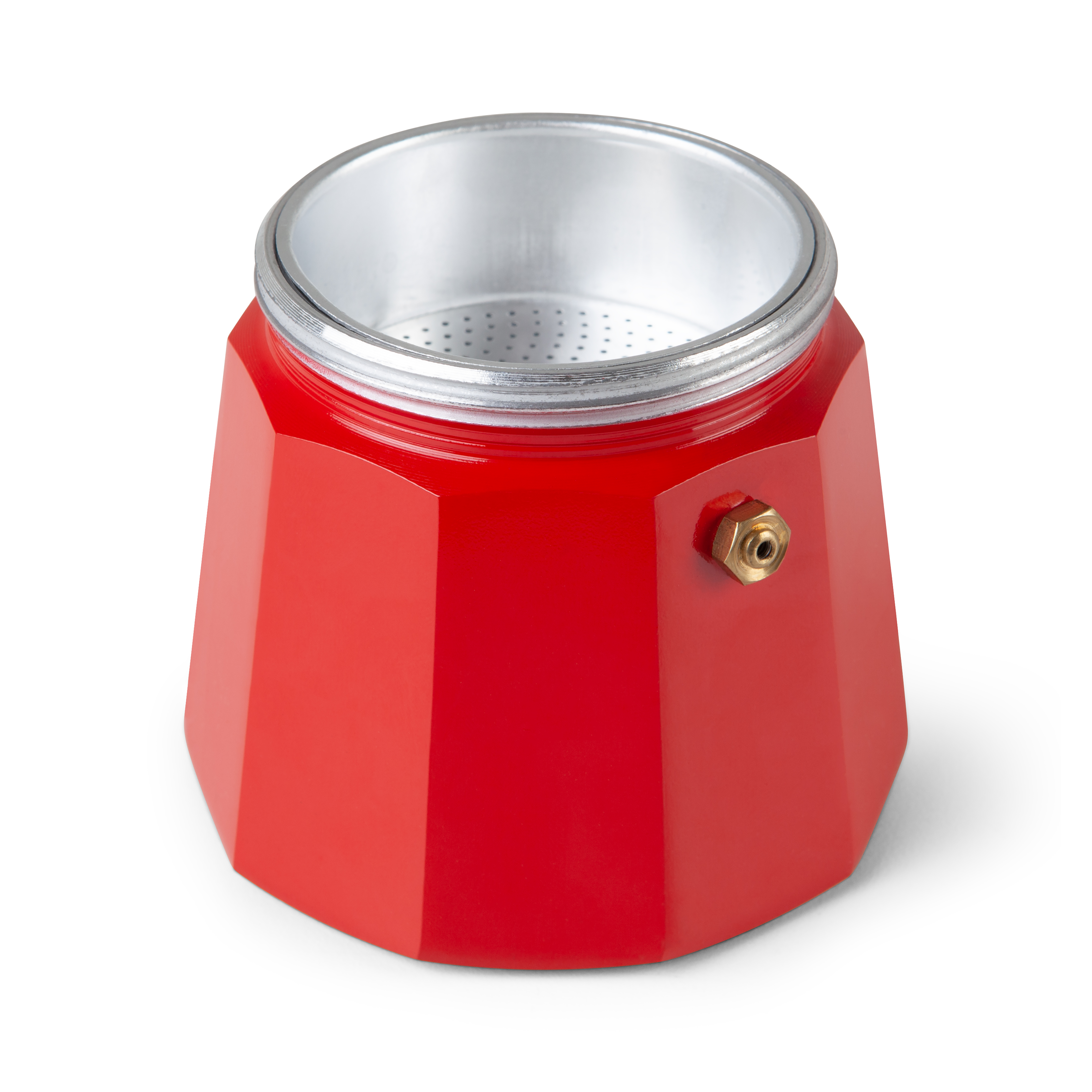 Czerwony kawiarka, zdemontowana, pokazująca filtr i wnętrze.