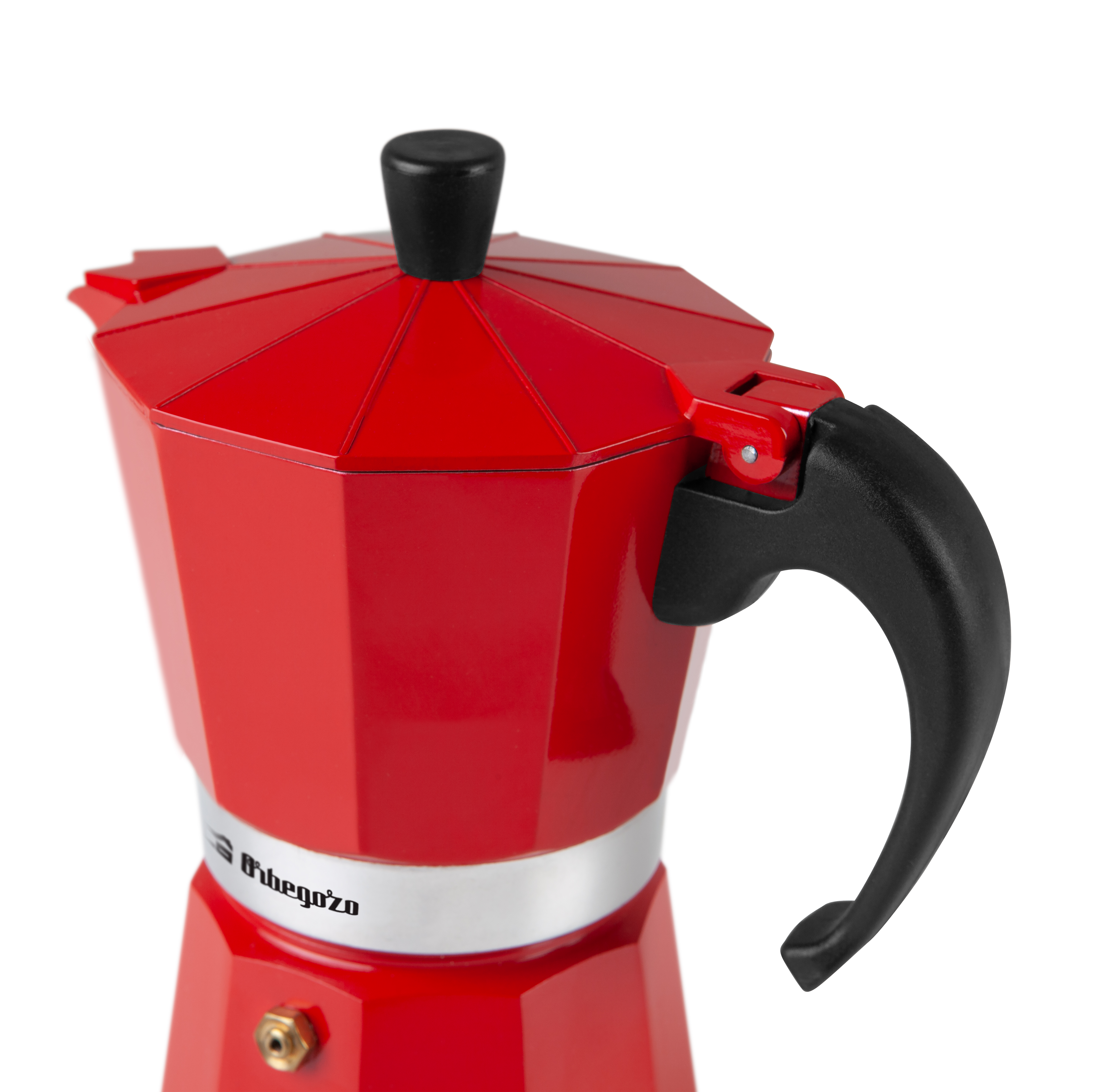 Czerwony ekspres do kawy z czarnym uchwytem i pokrywką. Tło jest białe.