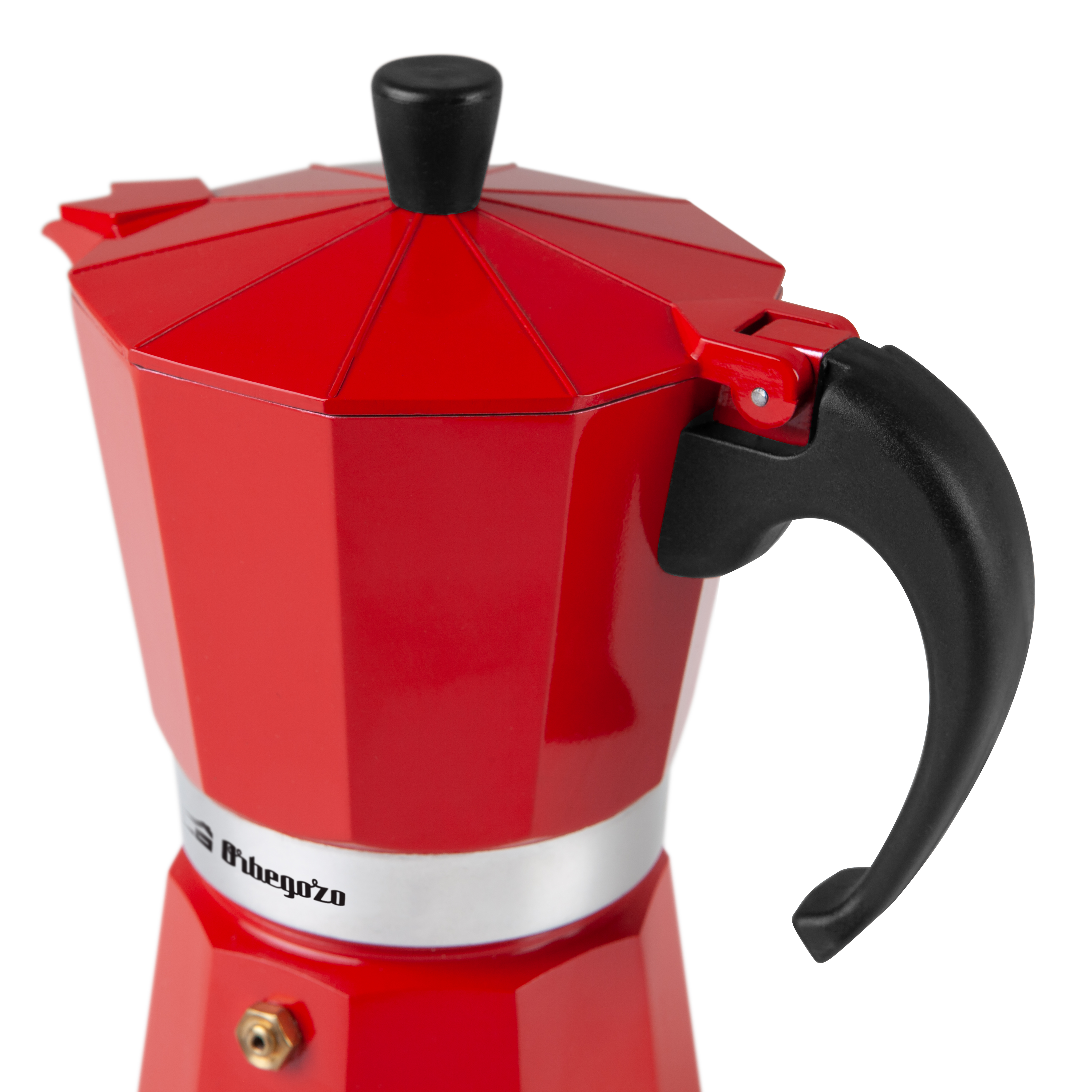 Czerwony ekspres Moka z czarnym uchwytem, ​​izolowany na białym tle.