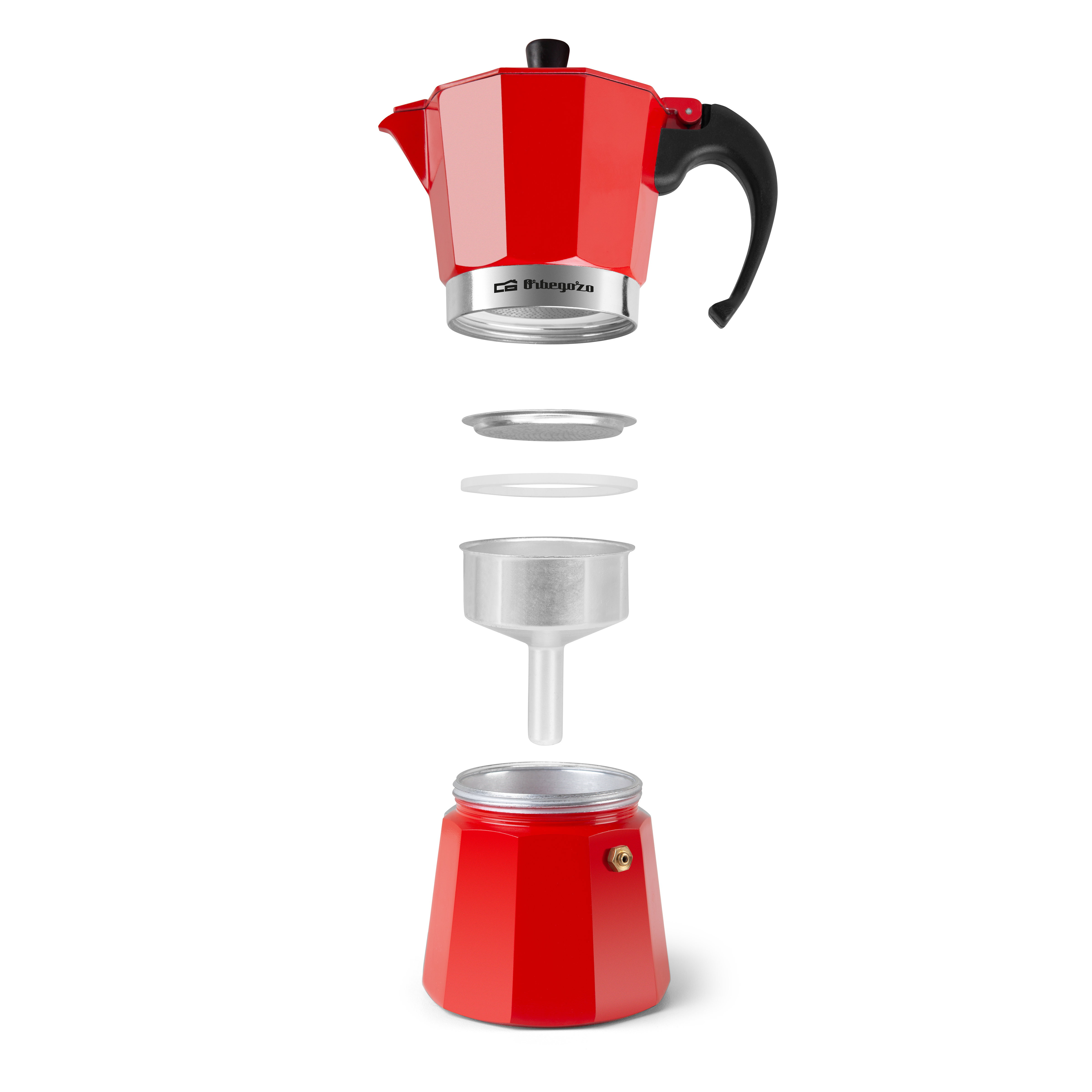 Czerwony, rozebrany ekspres do kawy z rozłożonymi elementami.