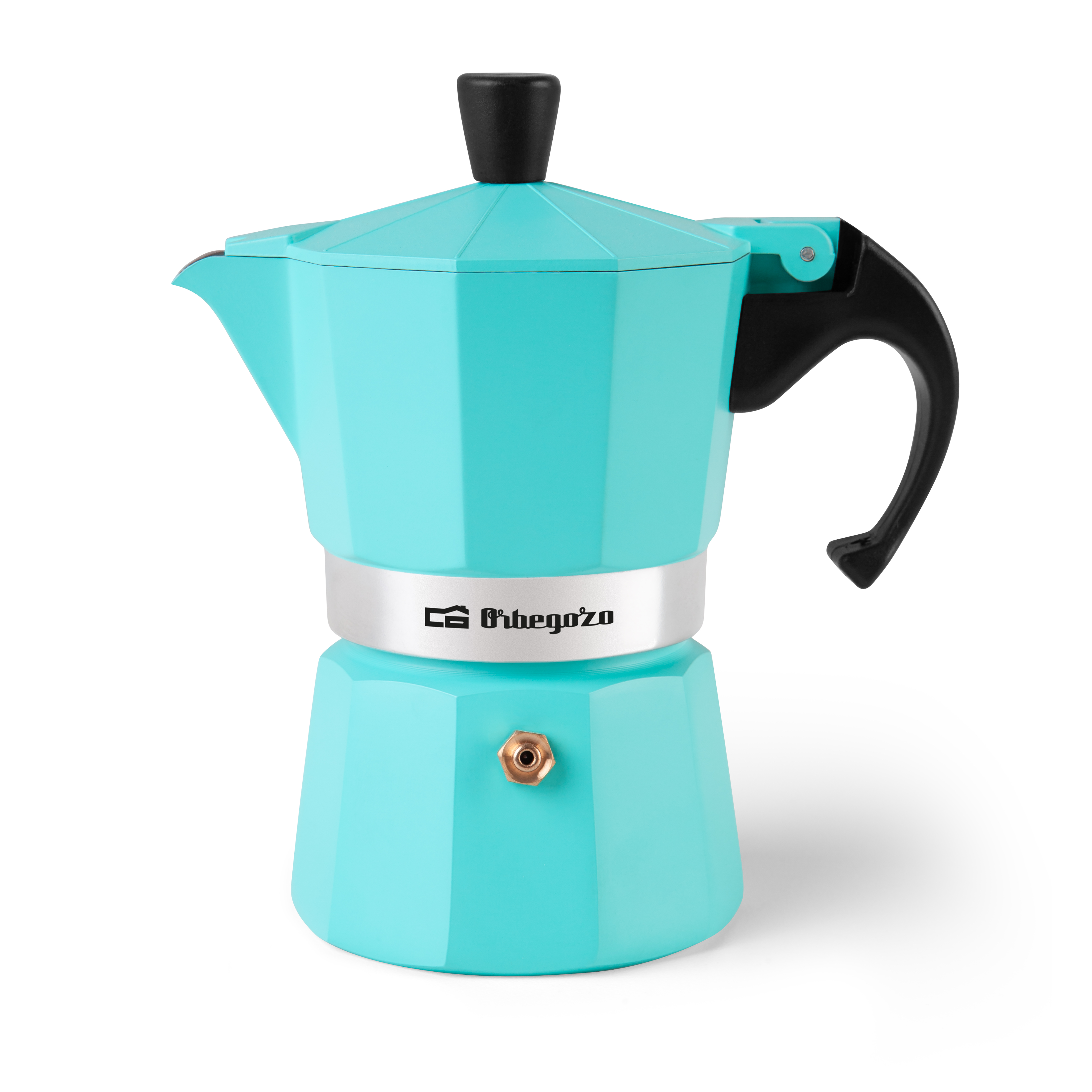 Turkusowy ekspres do espresso na białym tle. Czarny uchwyt i pokrywa.