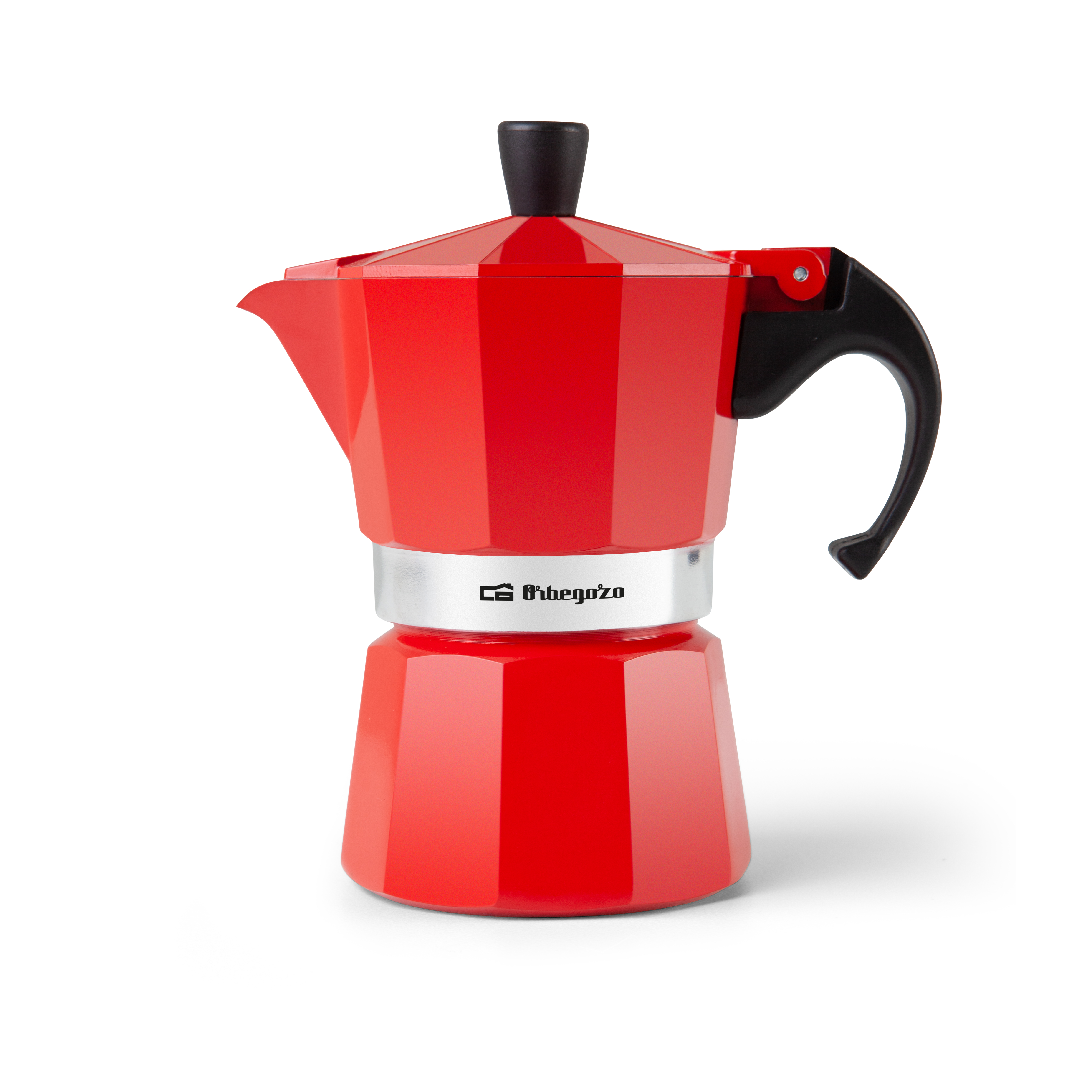 Czerwony ekspres do kawy na kuchenkę z czarnym uchwytem i pokrywką. Białe tło.