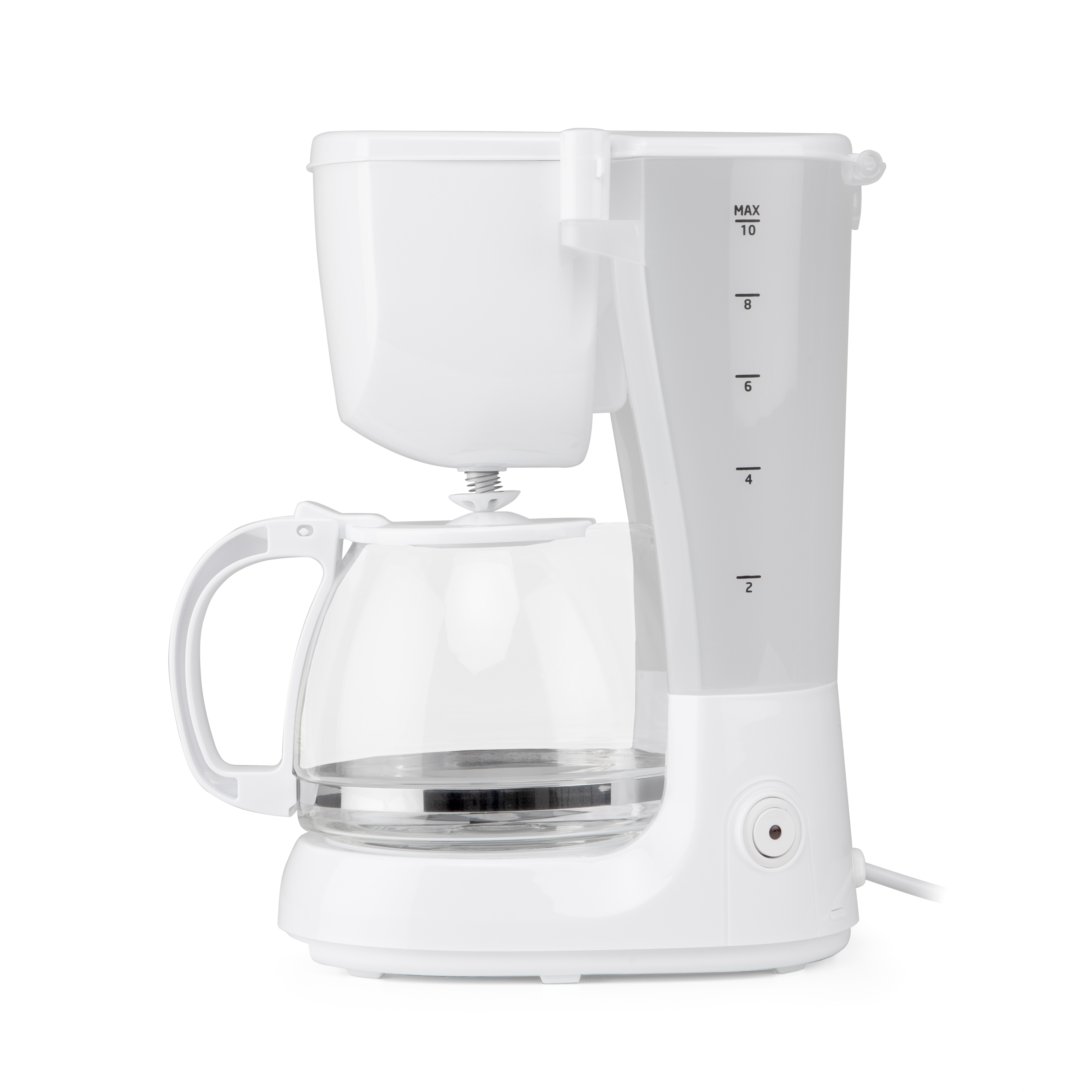 Cafetera blanca con jarra de vidrio, marcas grises y botón de encendido rojo.