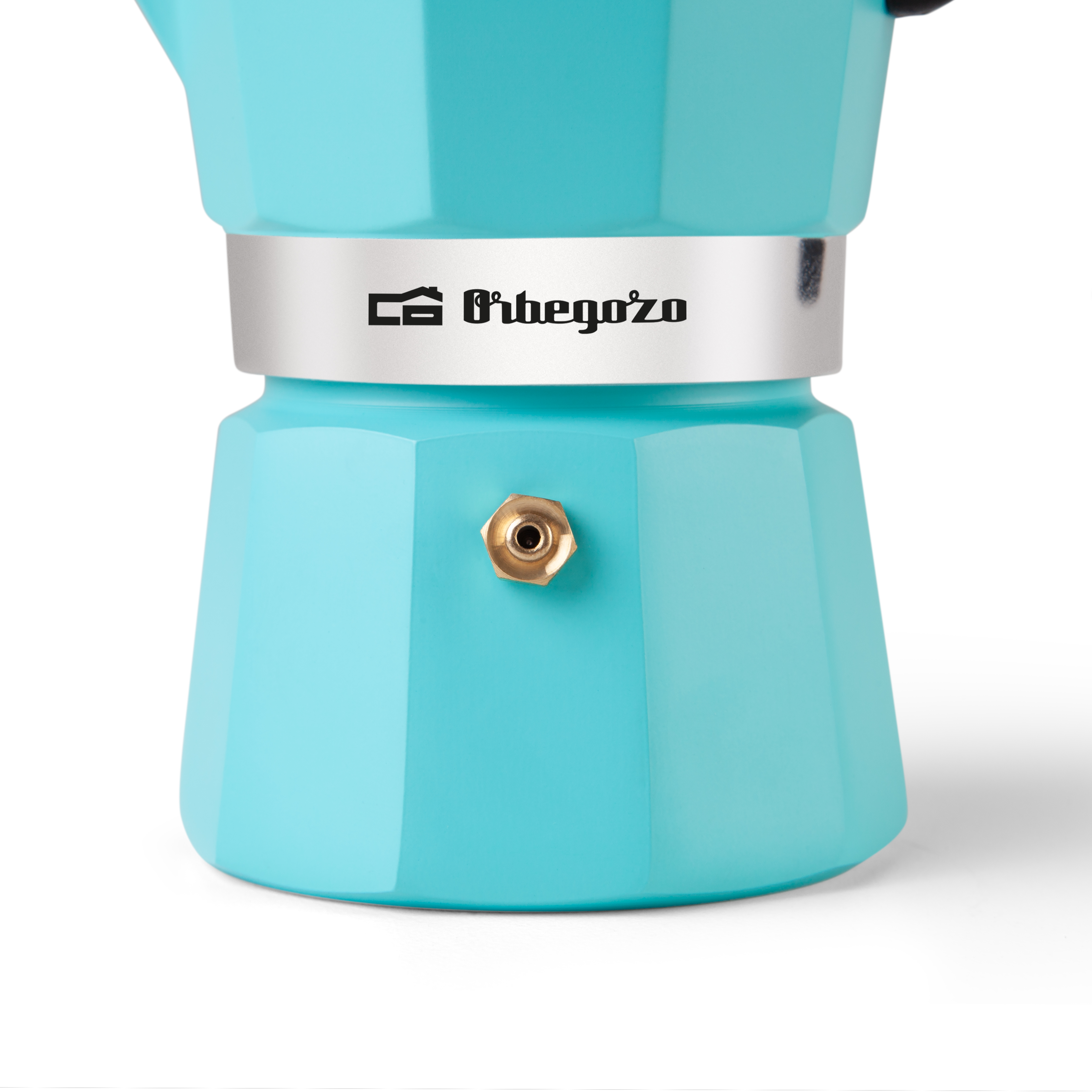 Turkusowy ekspres do kawy z marką Orbegozo na srebrnej opasce. Jest mosiężna dysza.