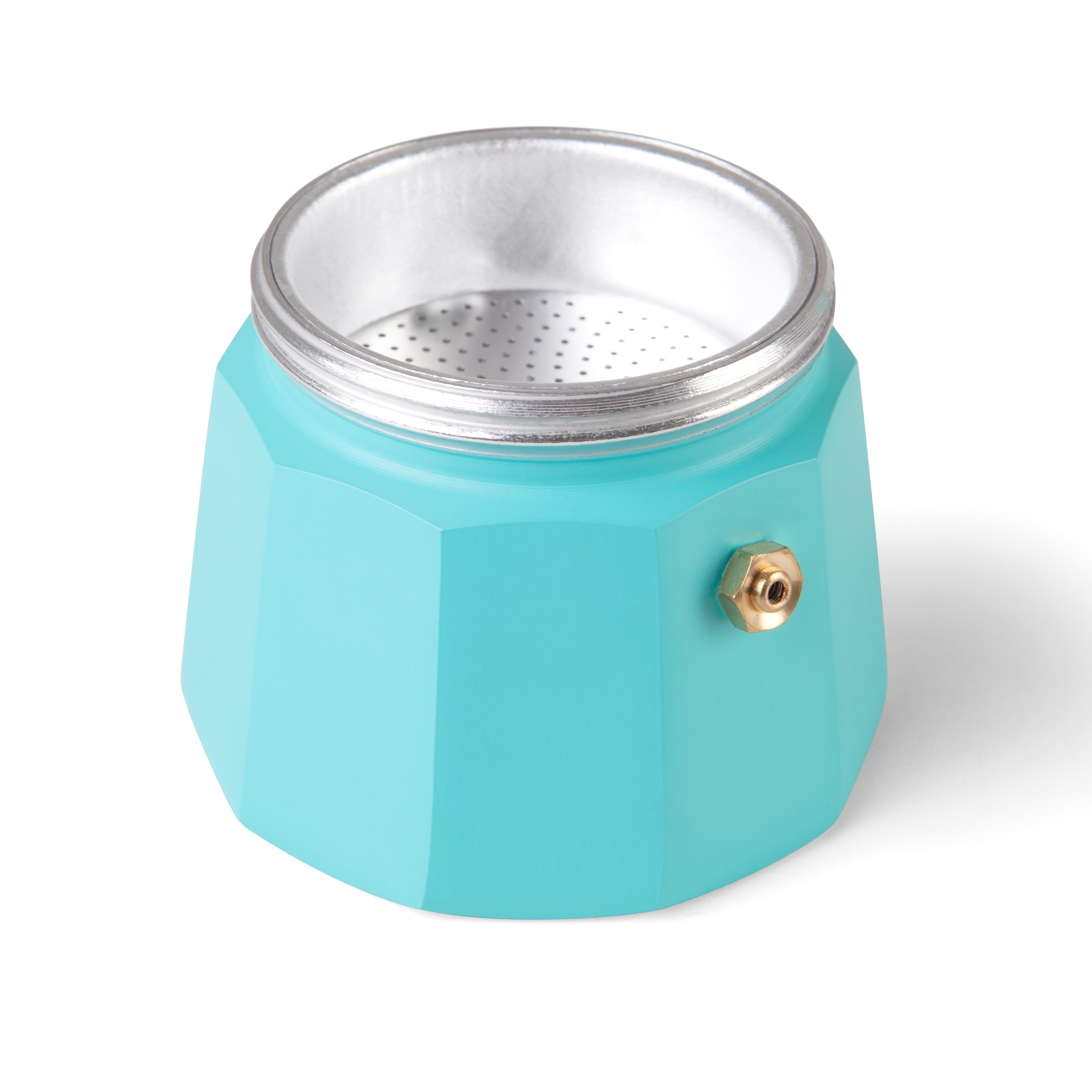 Niebieski i srebrny kawiarka, widok z góry. Znajduje się na białej powierzchni.