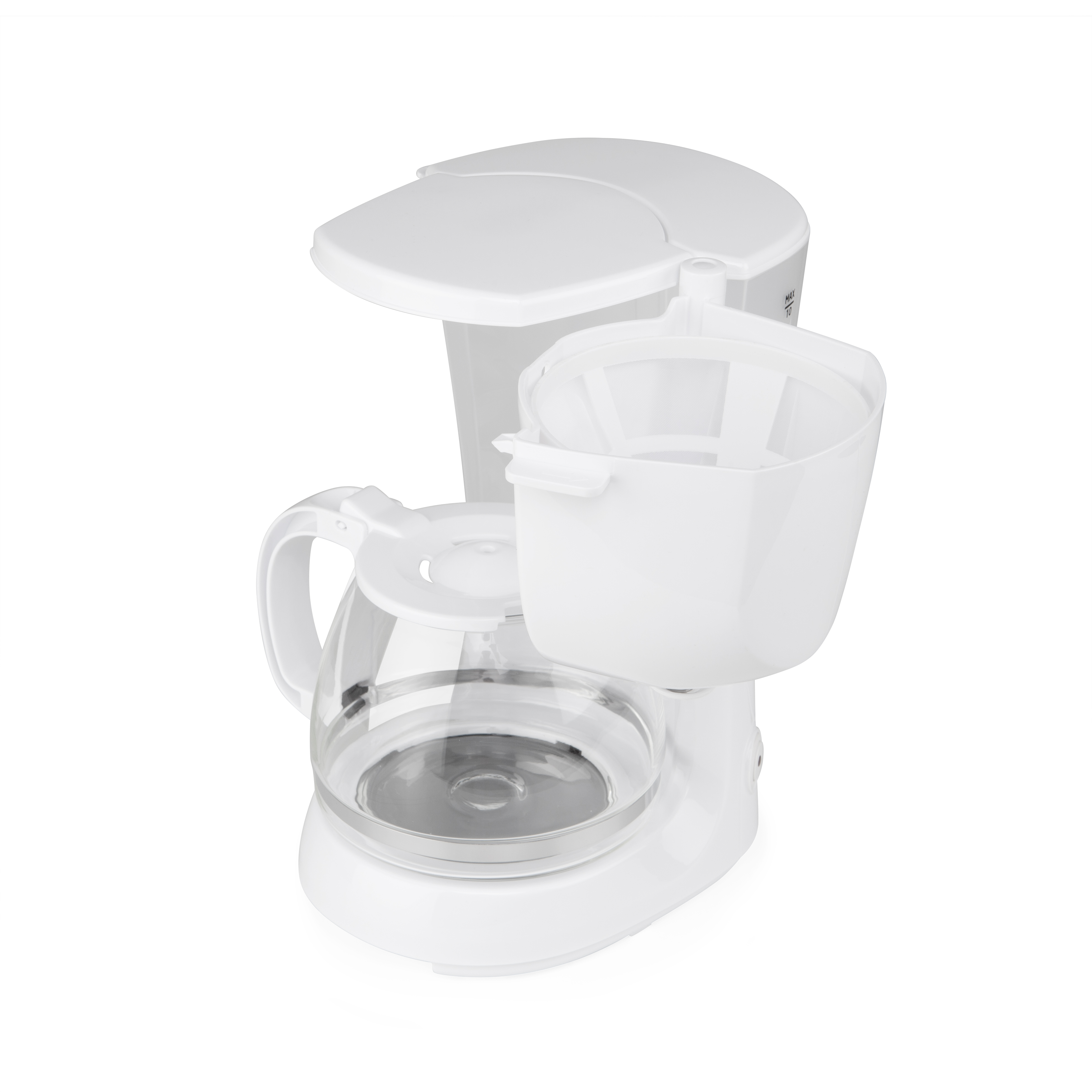 Cafetera blanca con jarra de vidrio y cesta de filtro extraíble.