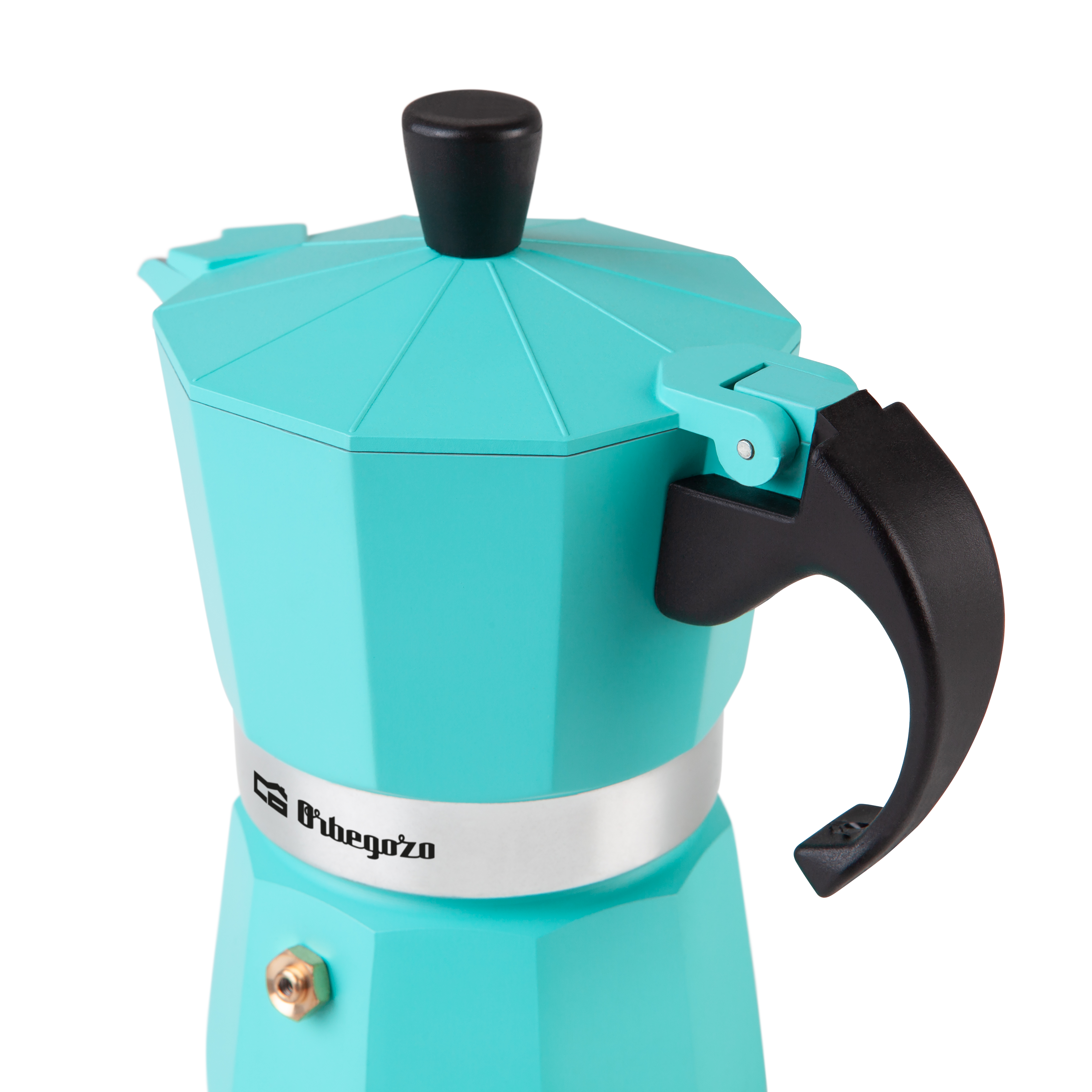 Turkusowy ekspres do kawy, widok z góry. Czarny uchwyt i pokrętło pokrywy. Białe tło.