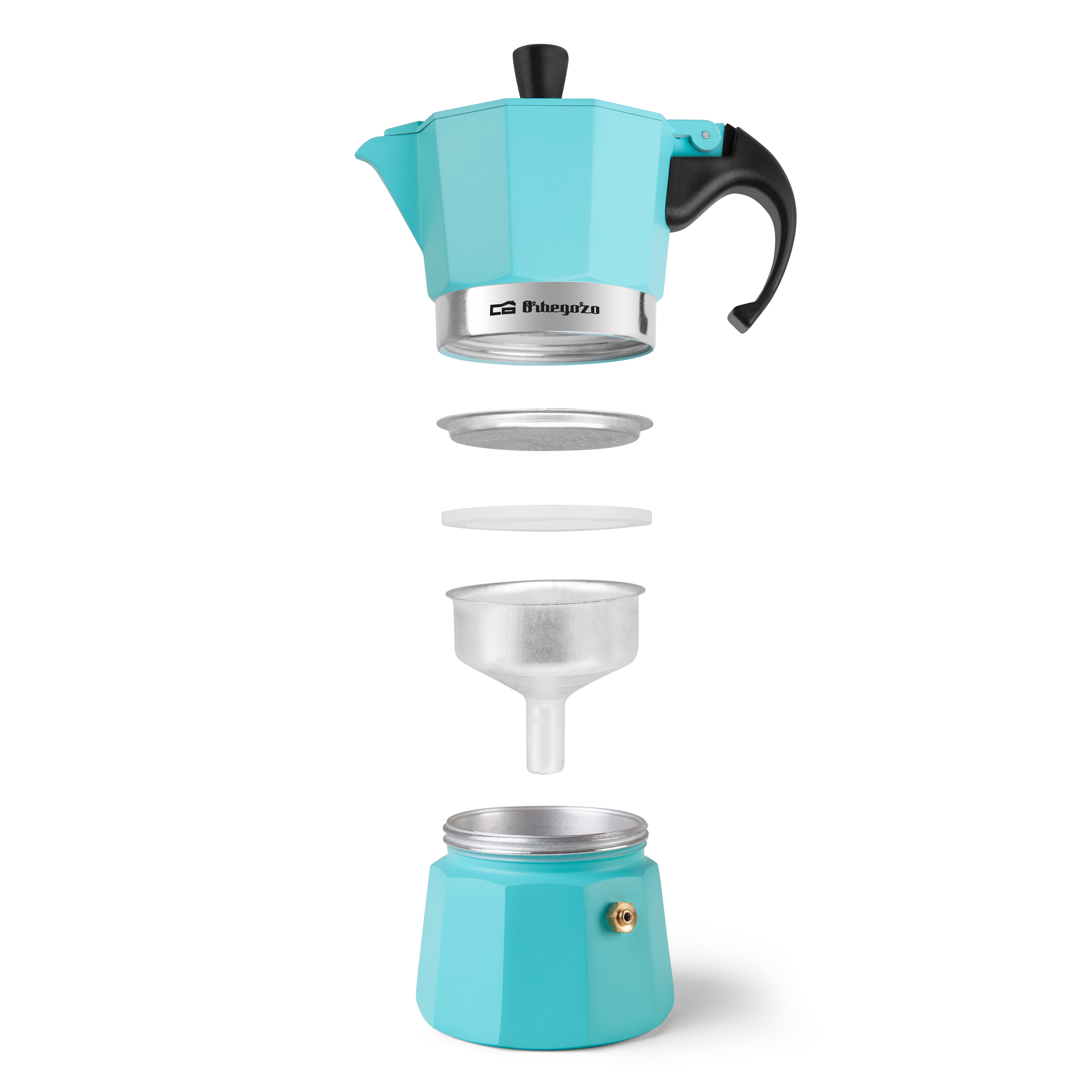 Widok w rozstrzale niebieskiego ekspresu do kawy moka. Wszystkie części, podstawa, filtr, lejek i góra są oddzielone.