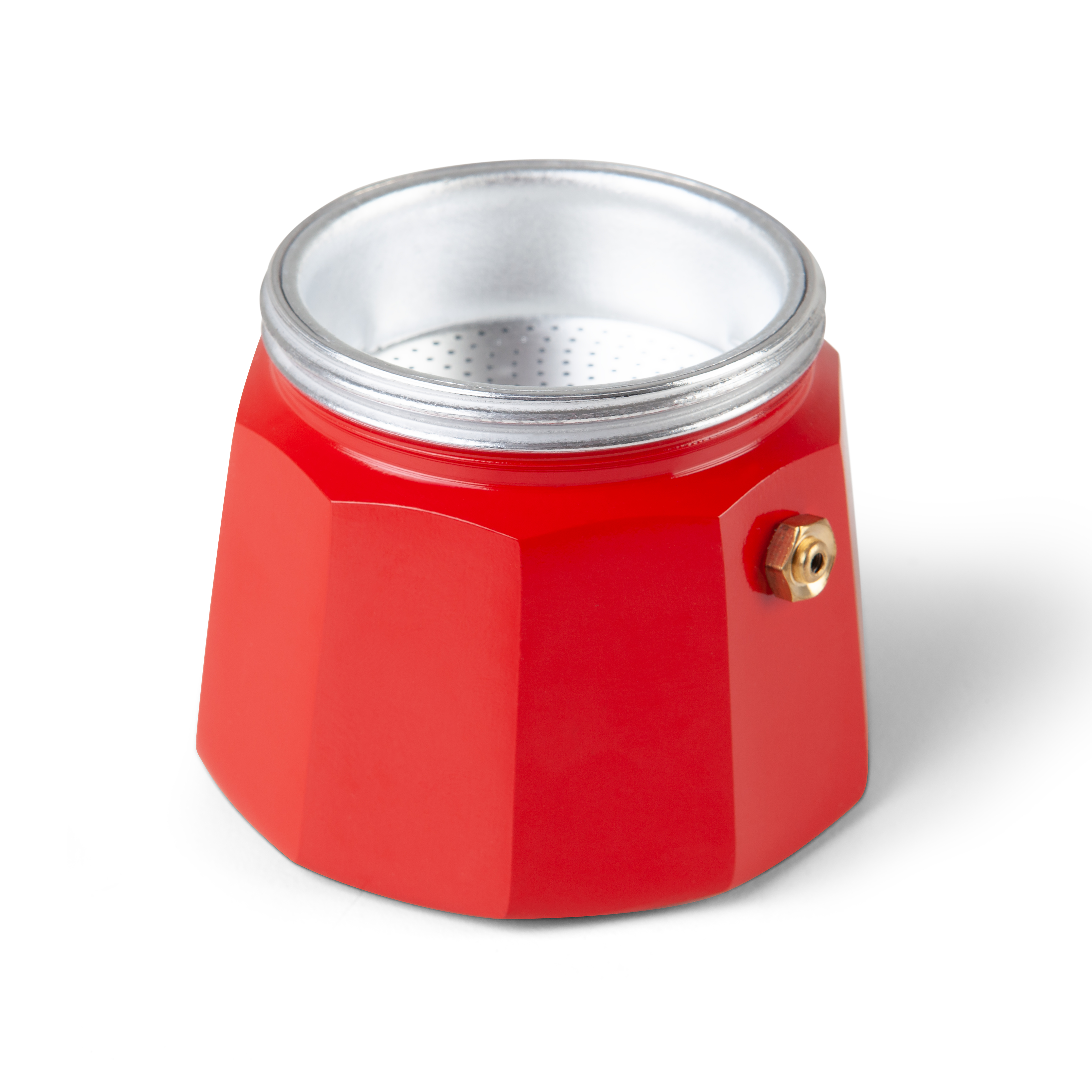 Czerwony kawiarka, górna część, na białej powierzchni. Jest otwarty ze srebrnym filtrem w środku.