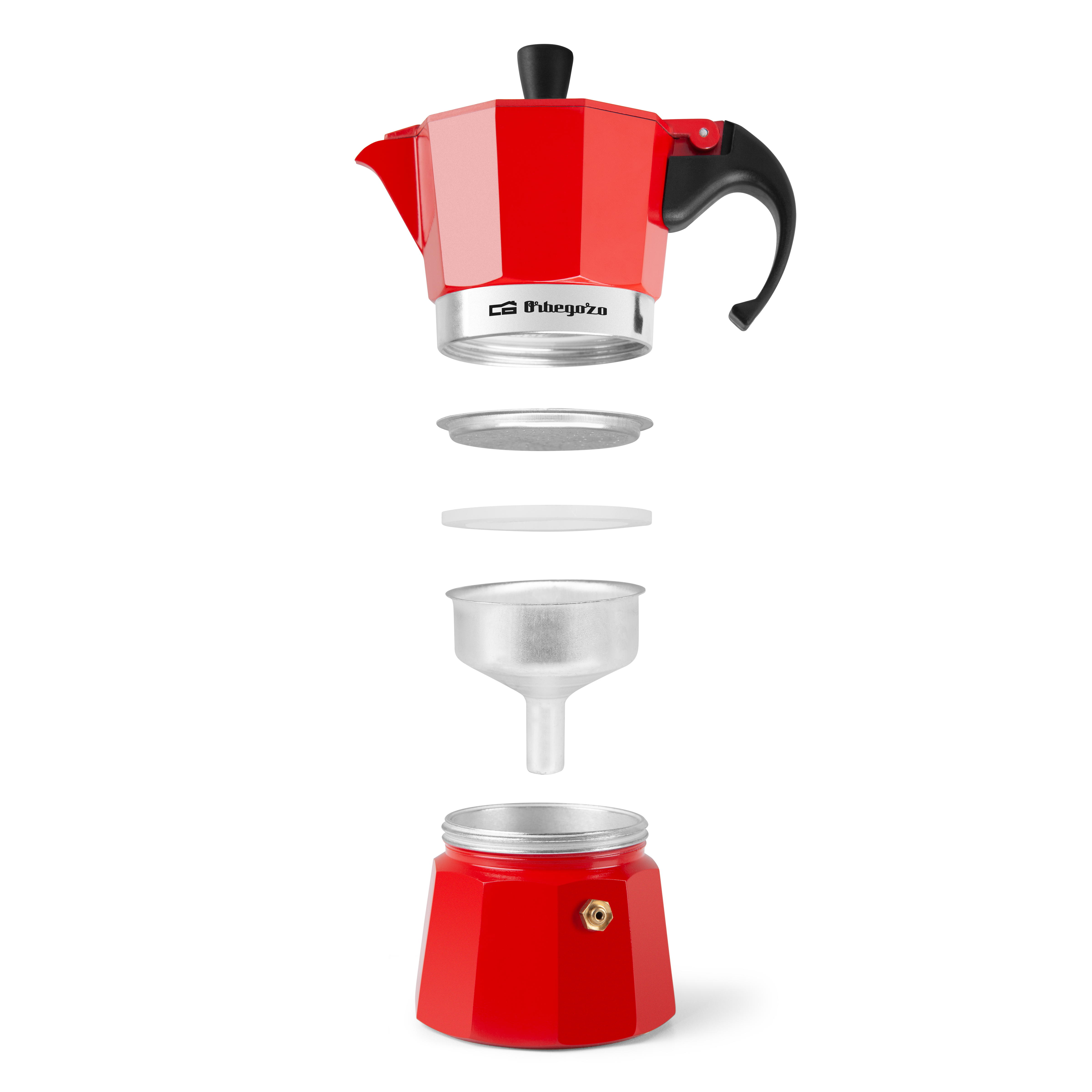Czerwony, rozłożony ekspres do espresso; części: podstawa, filtr, lejek i góra, białe tło.