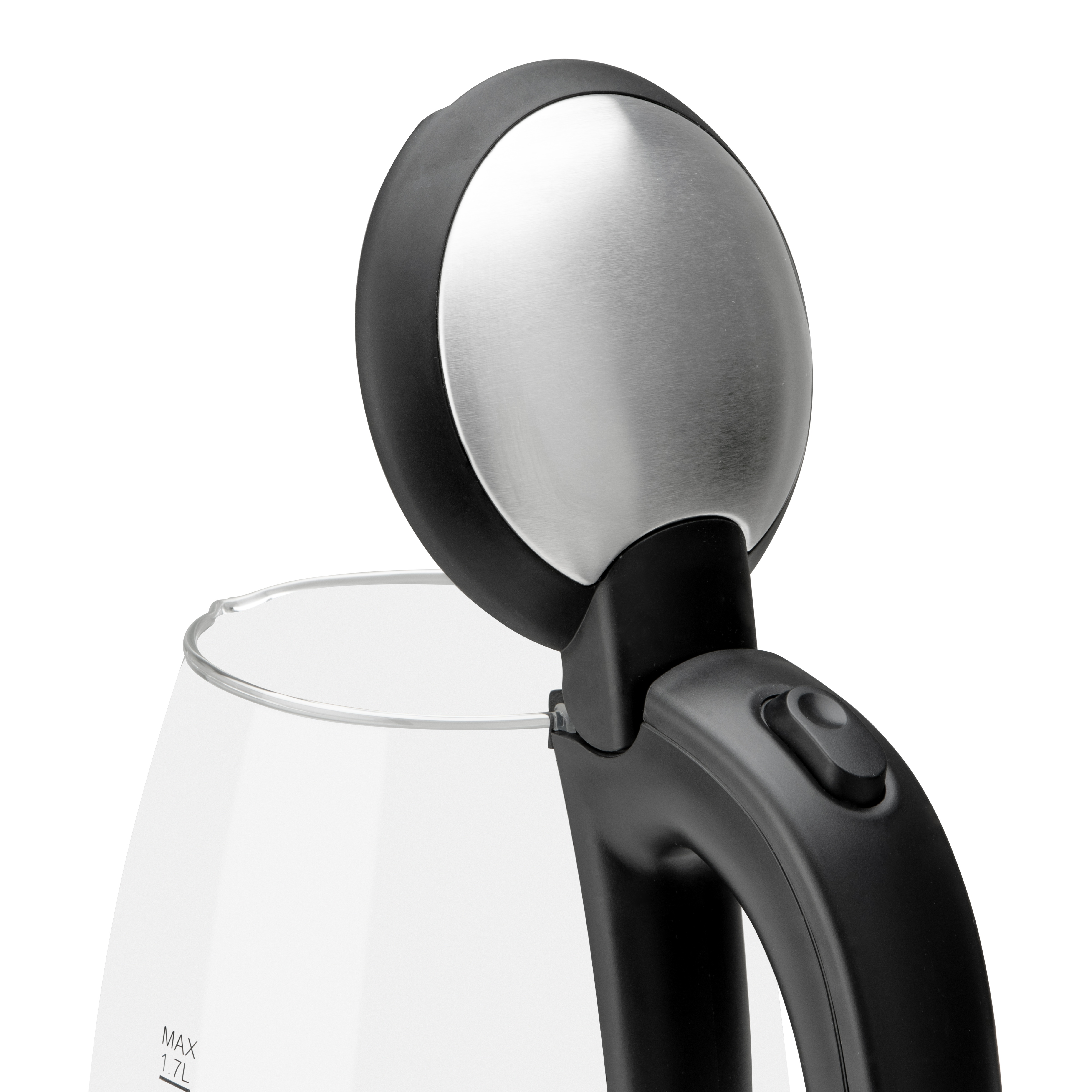 Czarny i przezroczysty czajnik elektryczny. Otwarta pokrywa. Srebrne wnętrze pokrywy. Czarny uchwyt. Izolowany.