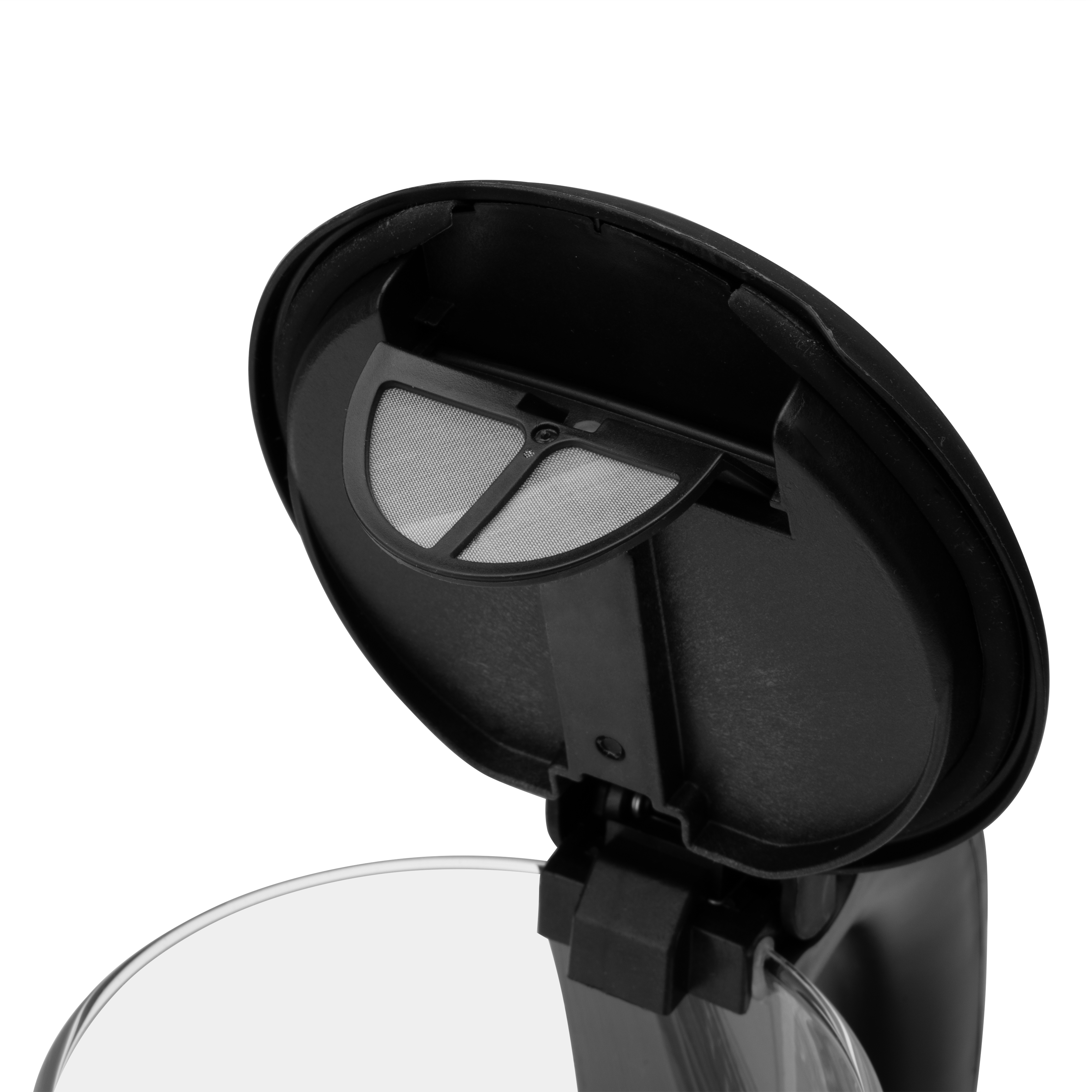 Czarna pokrywa czajnika z widocznym filtrem siatkowym i przezroczystą szklaną częścią.