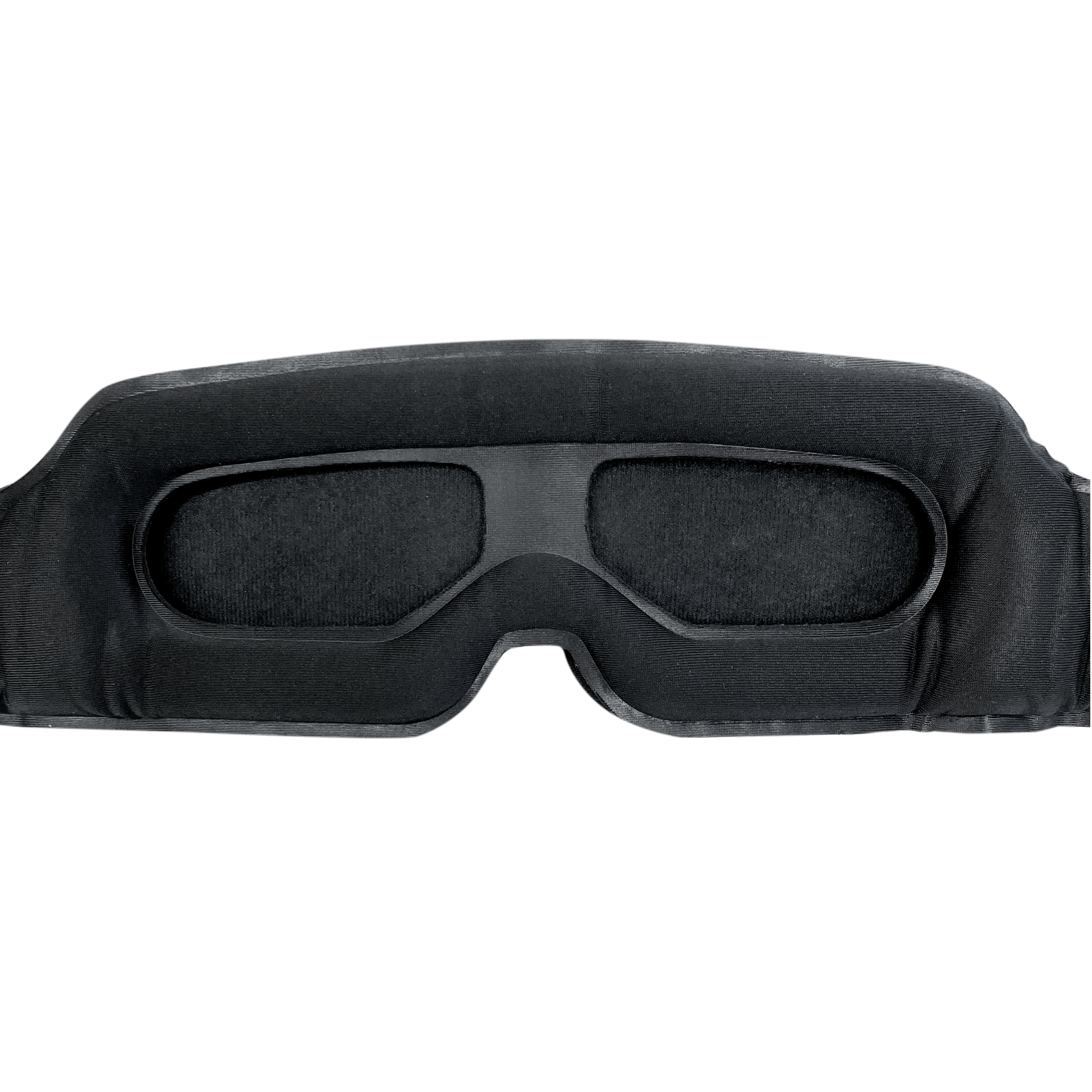 Eine schwarze Augenmaske mit gebogener Form. Sie hat Augenöffnungen und wird vor weißem Hintergrund gezeigt.