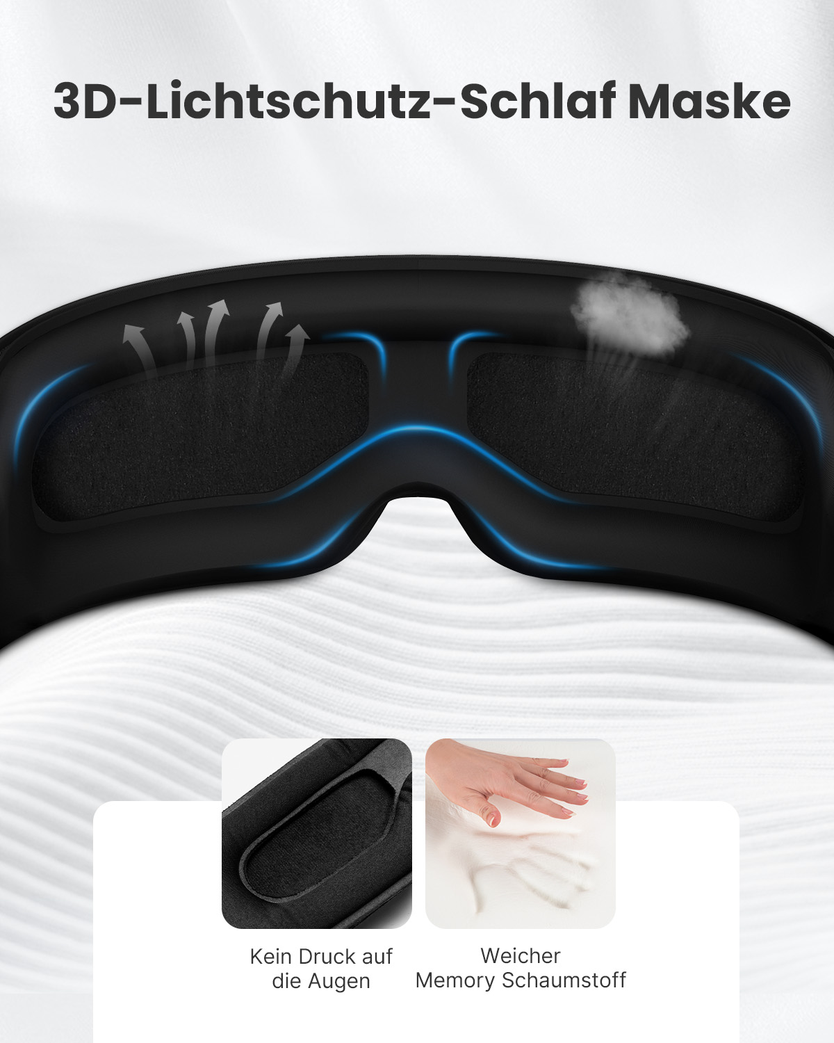 Schwarze Schlafmaske mit Pfeilen und Text, die Merkmale wie Augenkomfort und Memory-Schaum hervorheben.