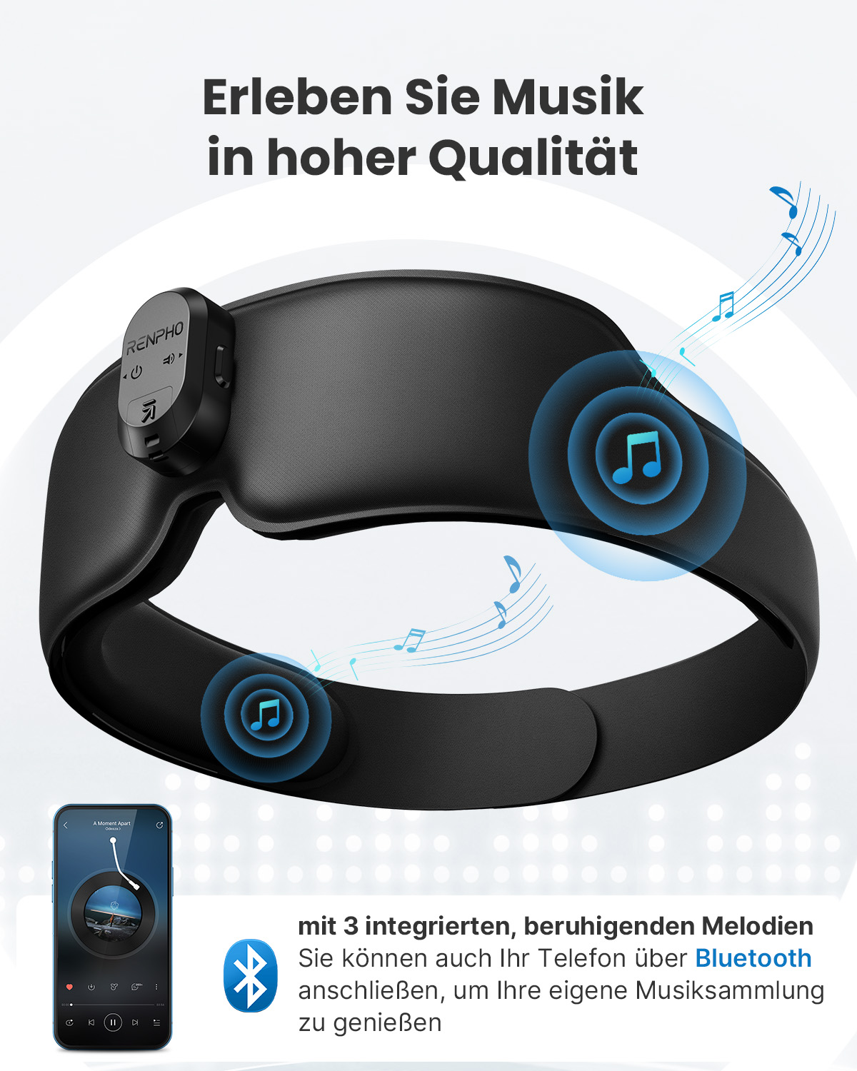 Schwarzes, am Kopf befestigtes Gerät. Verfügt über ein Bedienfeld und ein Bluetooth-Symbol. Enthält Noten und ein Smartphone.