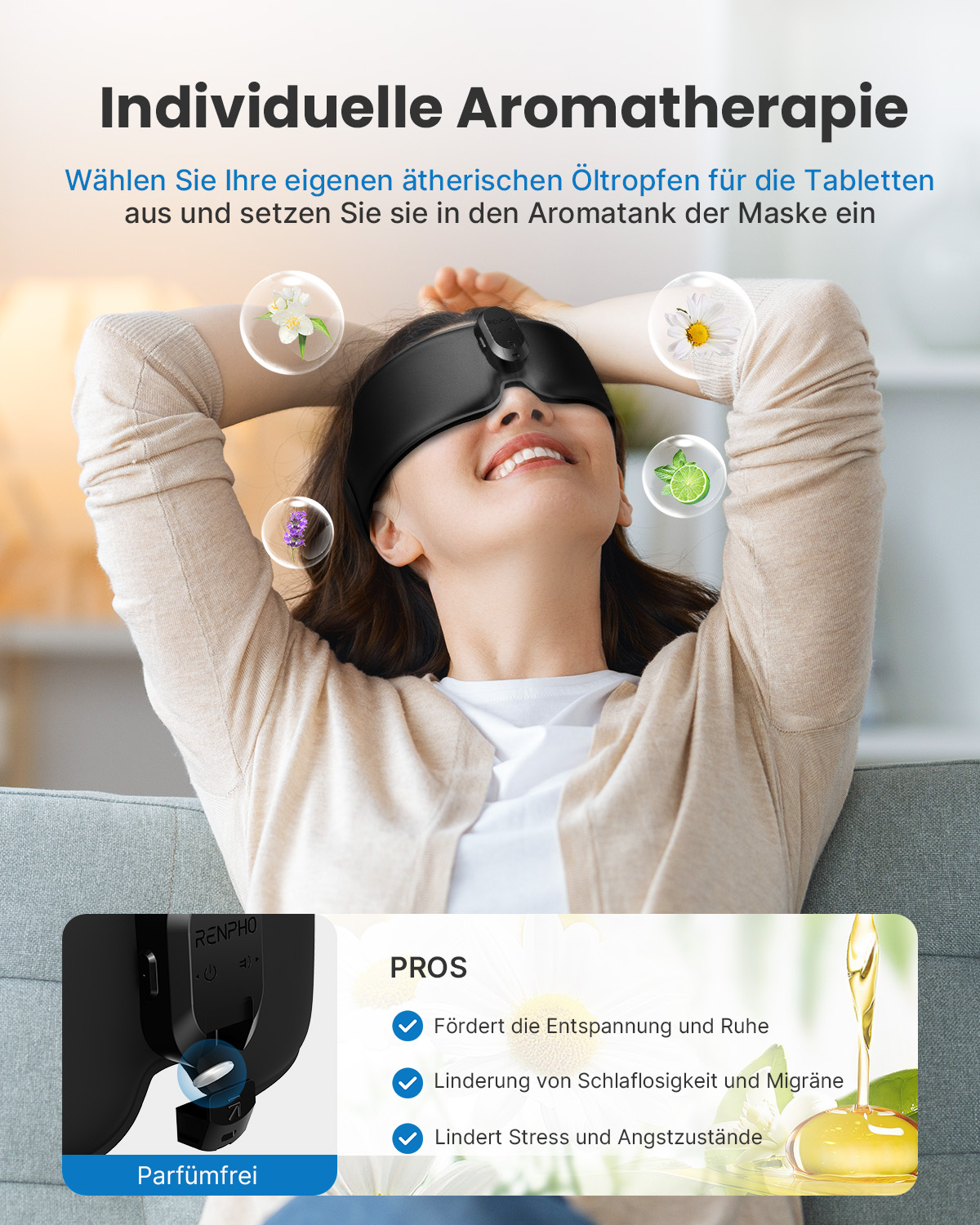 Eine Frau trägt eine schwarze Augenmaske. Text wirbt für Aromatherapie, Entspannung und Stressabbau.