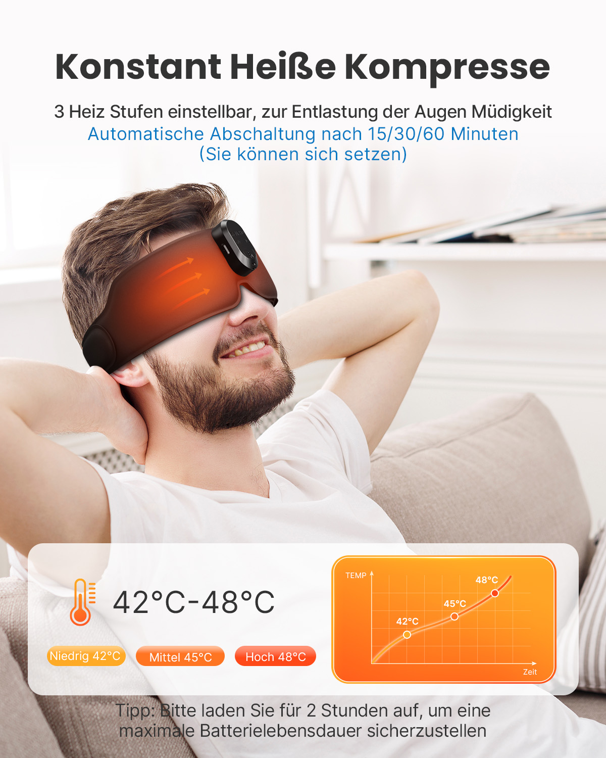 Mann mit Augenmaske mit Heizfunktion, lächelt. Illustration zeigt Temperatureinstellungen.