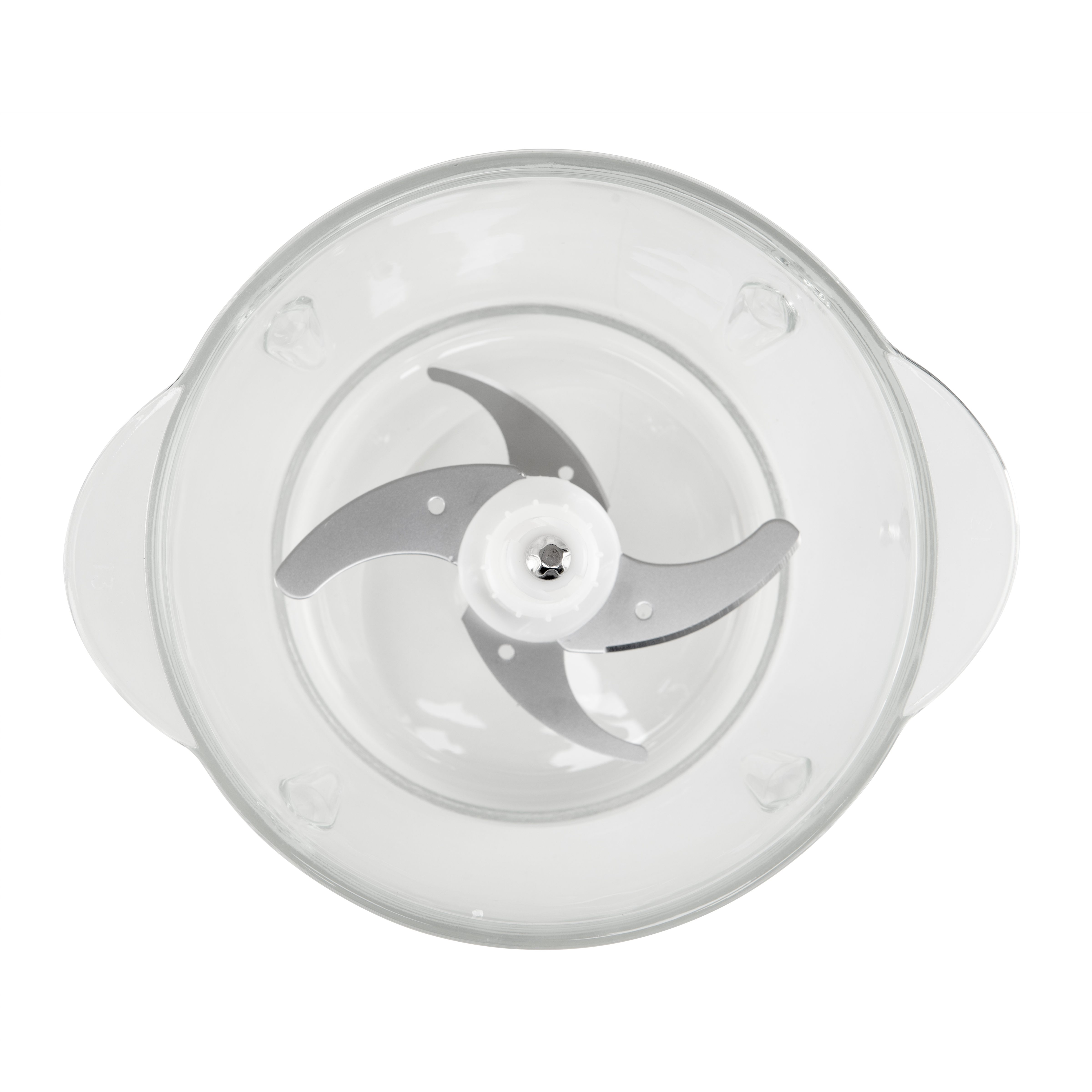 Vista superior de un cuenco de procesador de alimentos de vidrio transparente con cuchillas plateadas.