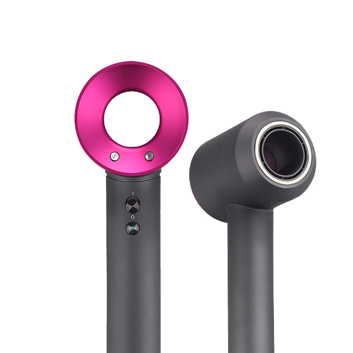 Asciugacapelli rosa e grigio, con due parti. Una a forma di anello, l'altra angolata.