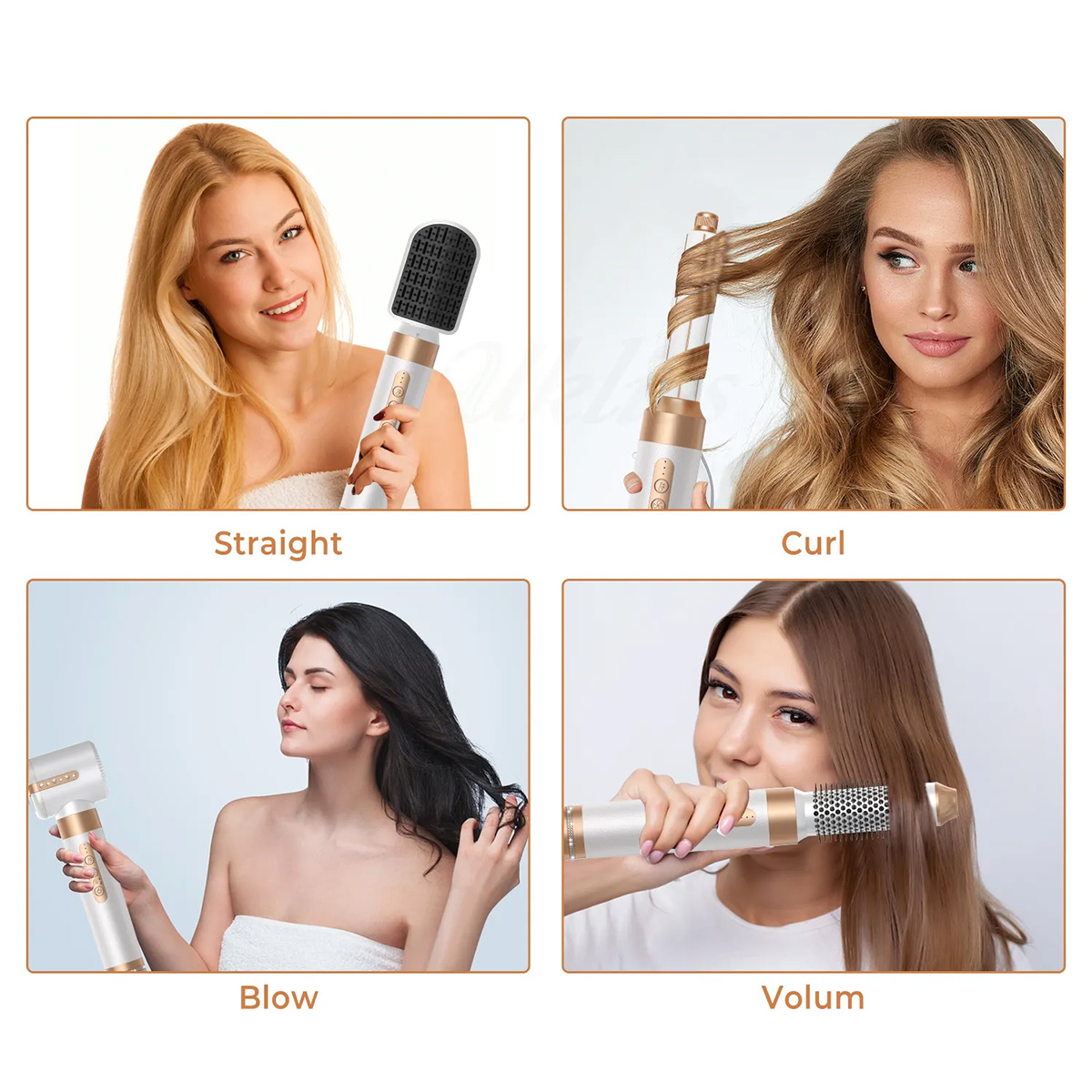 Uso di prodotti per lo styling. Lisciare, arricciare, asciugare e aggiungere volume con uno styler.