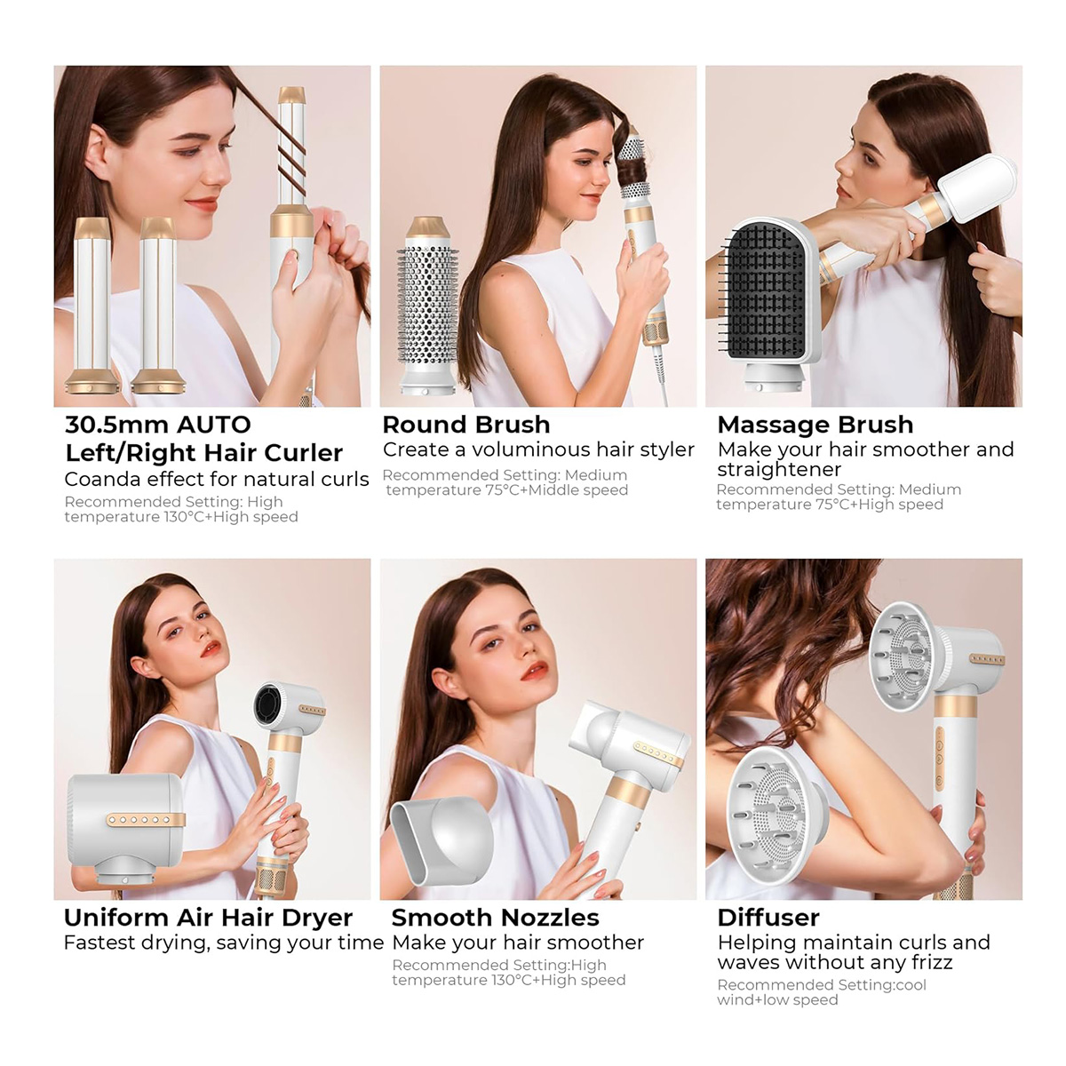 Immagine con sei strumenti per lo styling dei capelli. Ognuno con un modello che dimostra il suo utilizzo con descrizioni testuali.