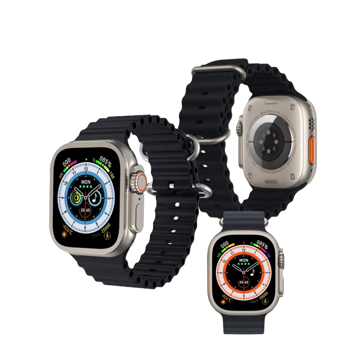 Tres smartwatches con correas negras. Dos juntos, uno debajo. Esferas plateadas.