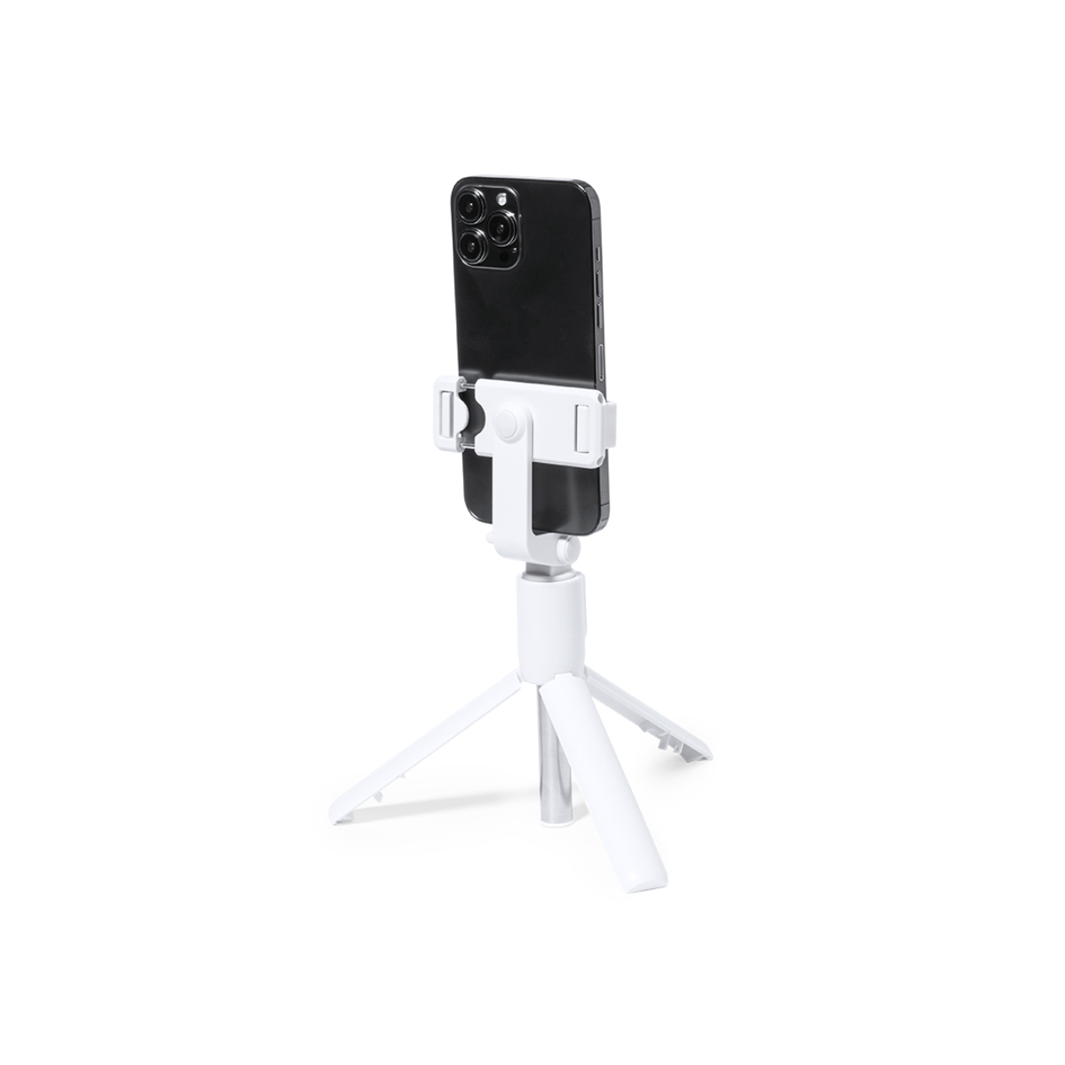 Un soporte de teléfono blanco con un teléfono negro adjunto, en un trípode blanco, fondo blanco.