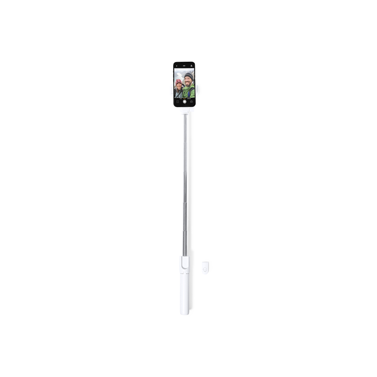 Un palo selfie blanco con un teléfono que muestra un selfie de dos personas.