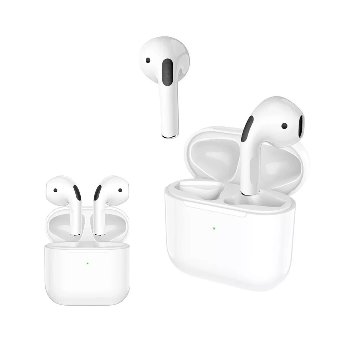 Auriculares inalámbricos blancos en estuche y separados, abiertos y cerrados. Diseño moderno.