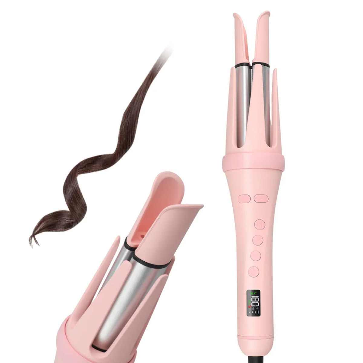 Rizador rosa con un mechón de pelo castaño. Primer plano del rizador.