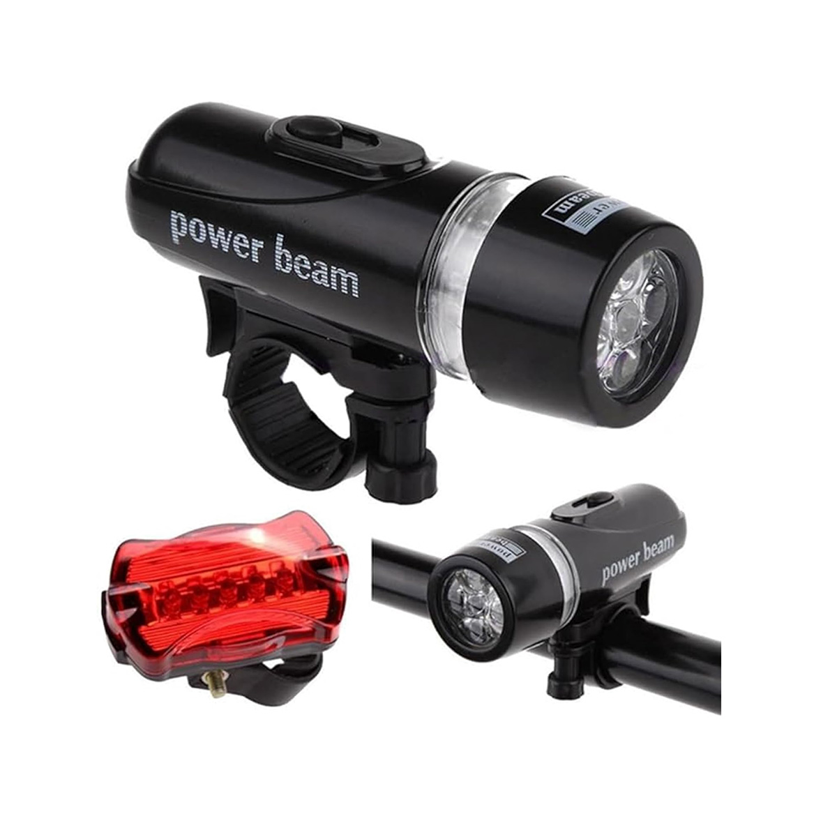 Luces de bicicleta con carcasa negra. Una es un faro, otra una luz trasera, y otra está en una bicicleta.